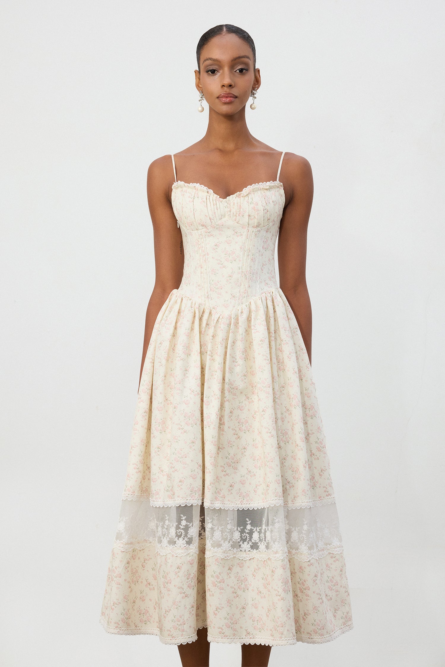 Ivory Floral Jacquard Lace Hem Midi Dress	