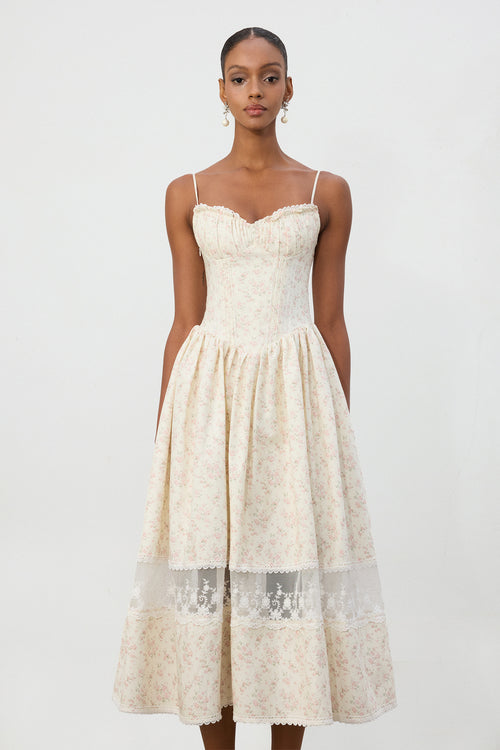 Ivory Floral Jacquard Lace Hem Midi Dress	