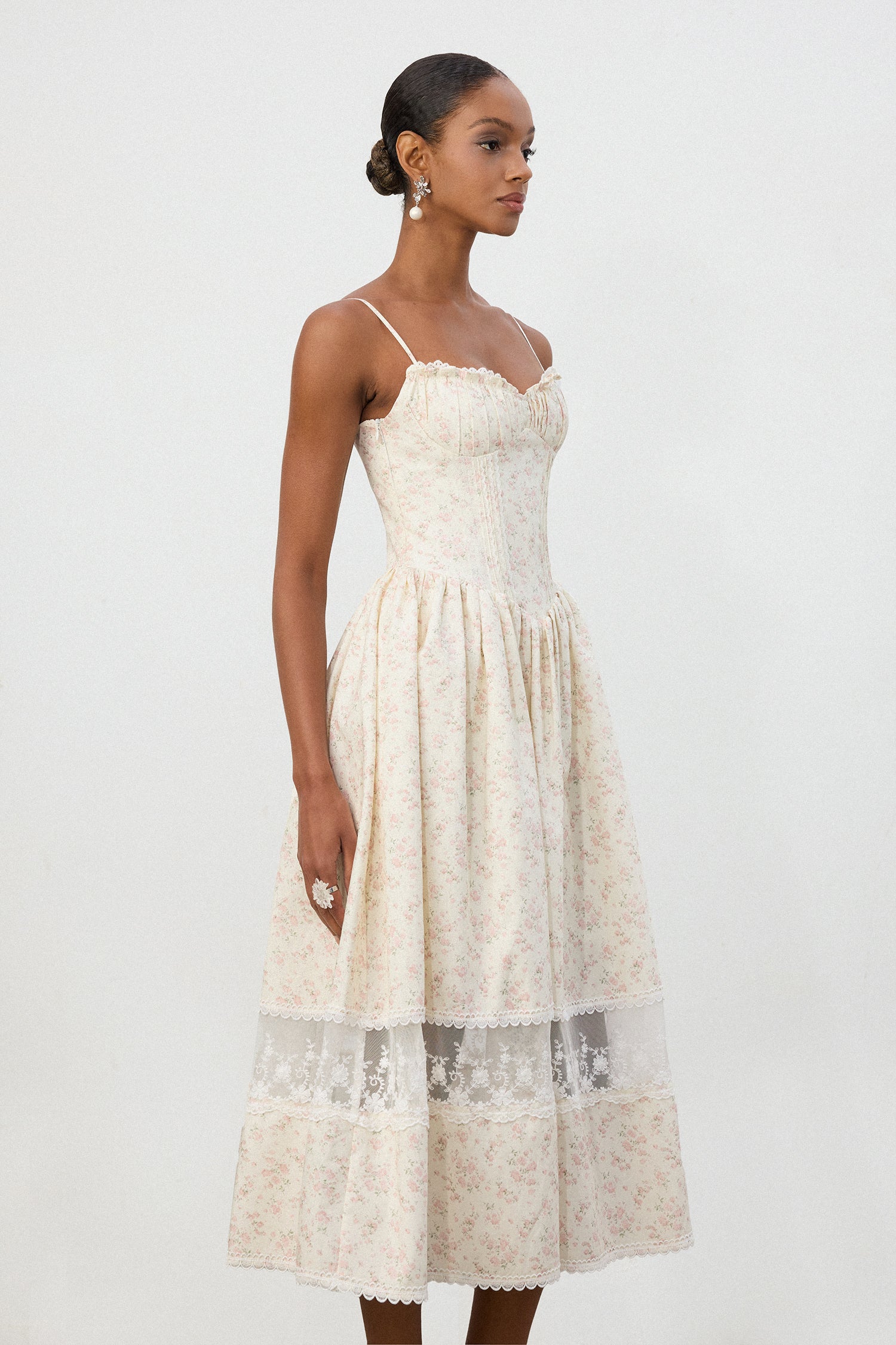 Ivory Floral Jacquard Lace Hem Midi Dress	