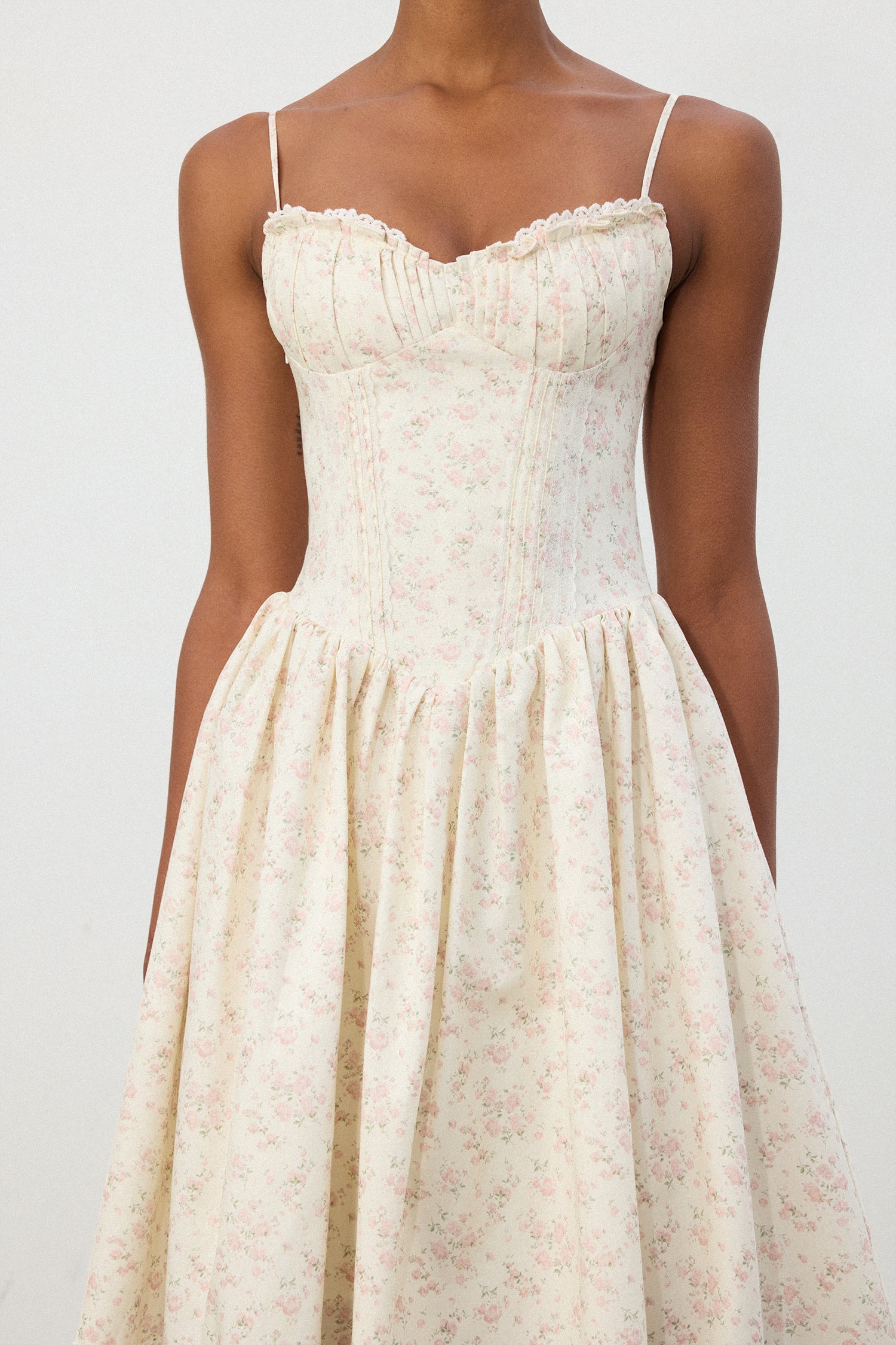 Ivory Floral Jacquard Lace Hem Midi Dress	