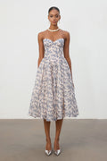 Blue Floral Strapless Sweetheart Midi Dress	