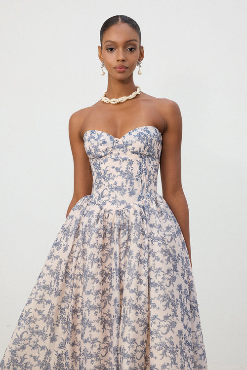 Blue Floral Strapless Sweetheart Midi Dress	