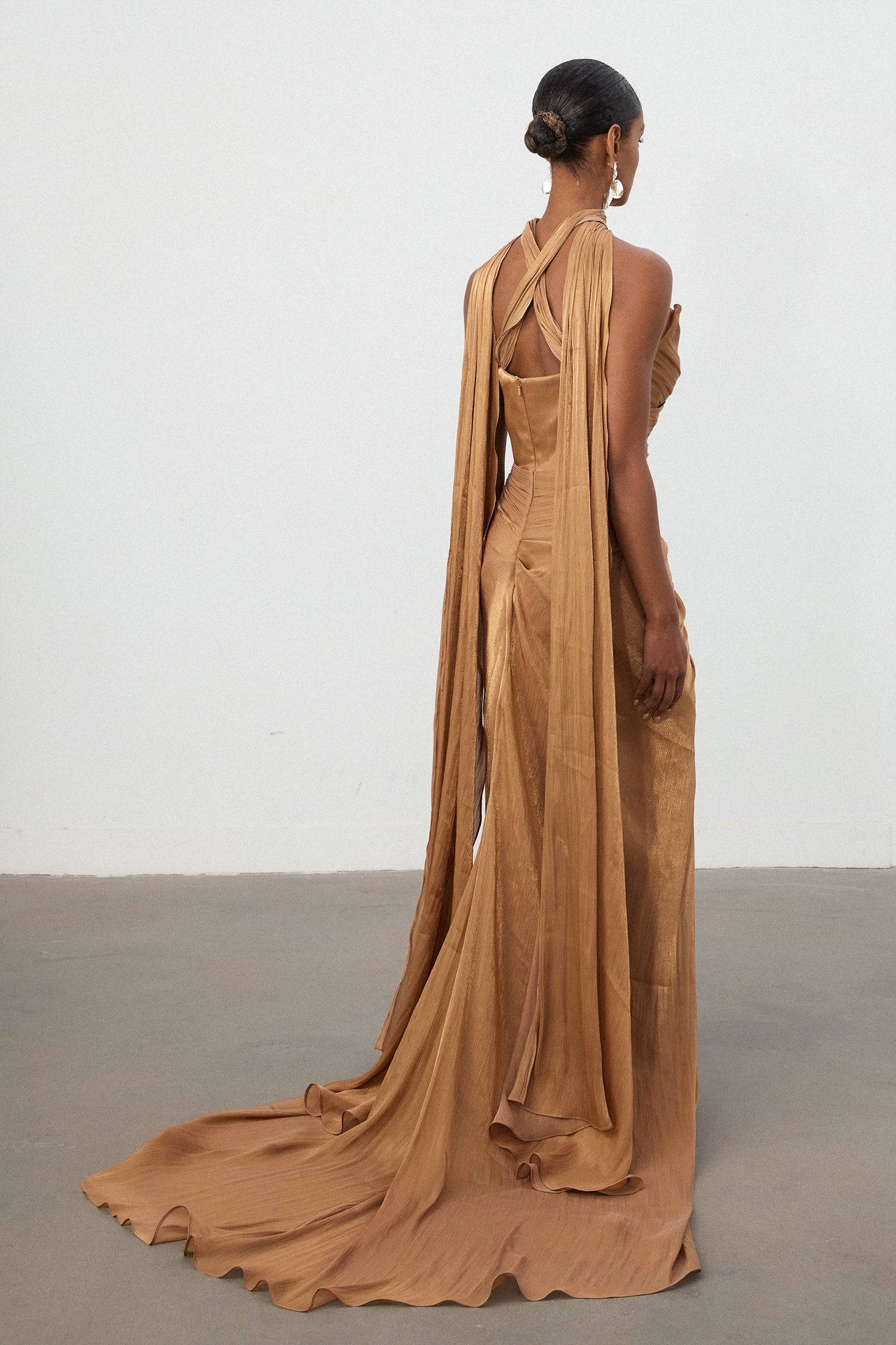 Bronze Ruched One-Shoulder Train Gown	
