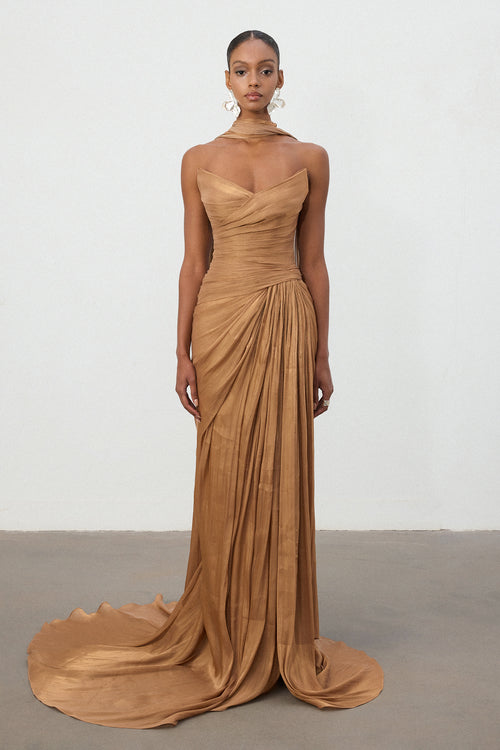 Bronze Ruched One-Shoulder Train Gown	