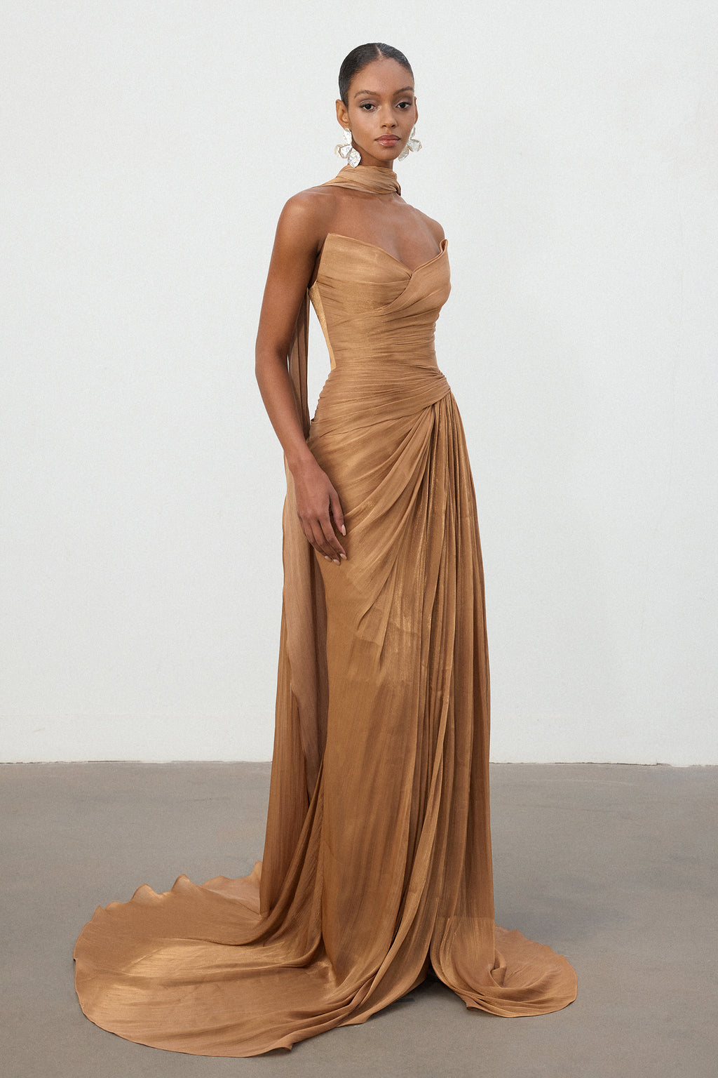 Bronze Ruched One-Shoulder Train Gown	
