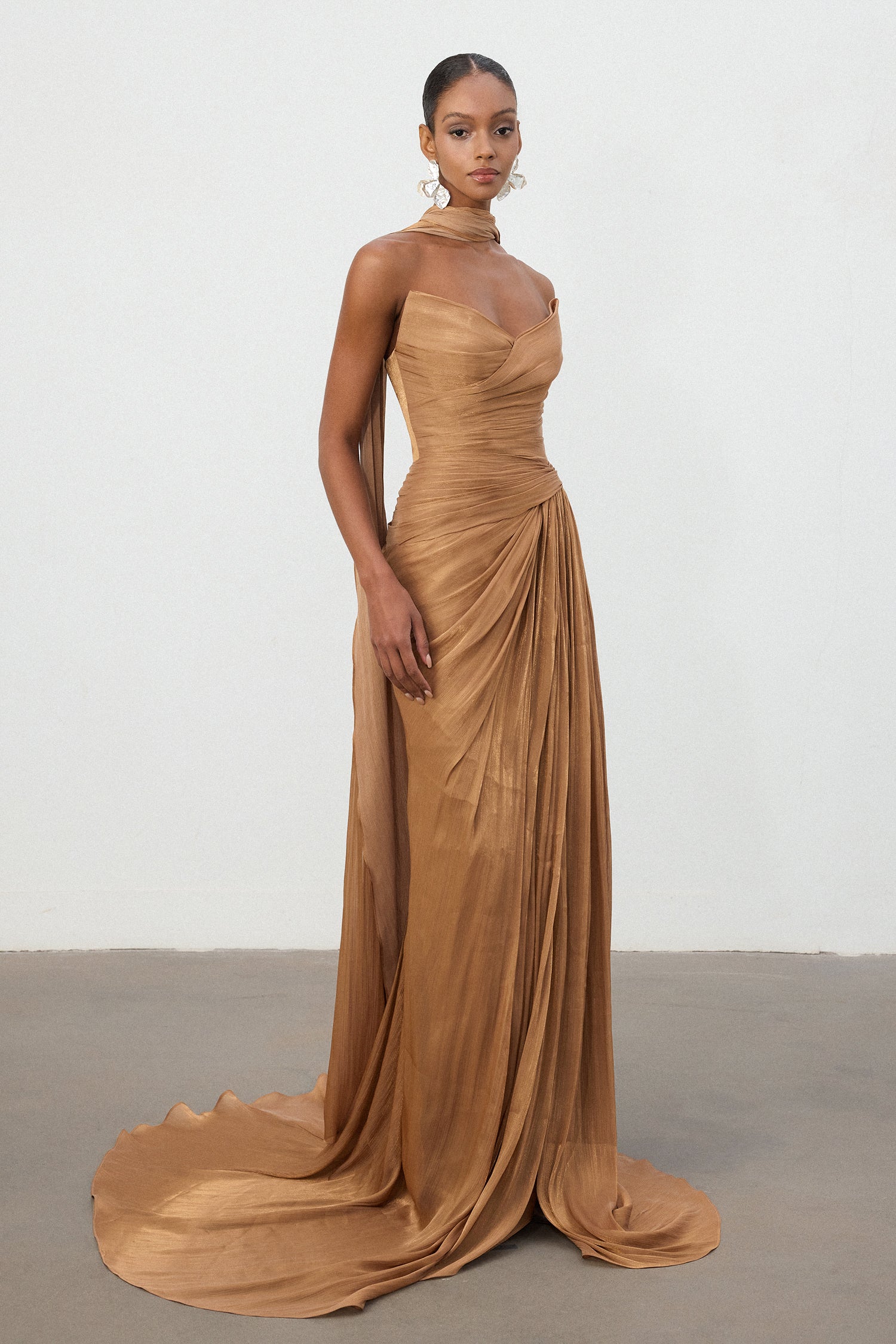 Bronze Ruched One-Shoulder Train Gown	