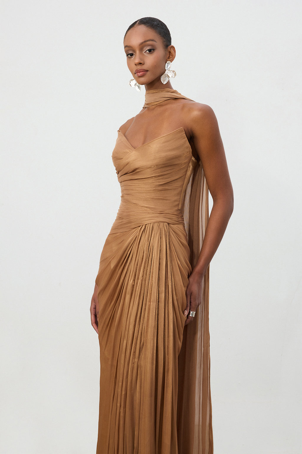 Bronze Ruched One-Shoulder Train Gown	