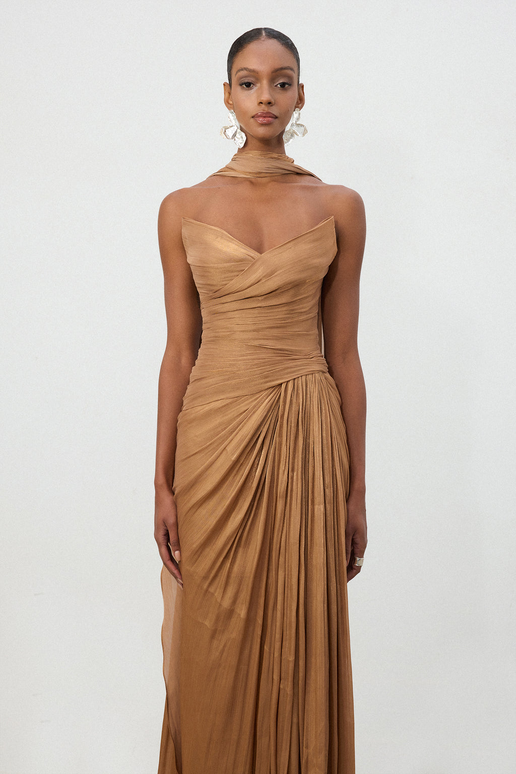 Bronze Ruched One-Shoulder Train Gown	