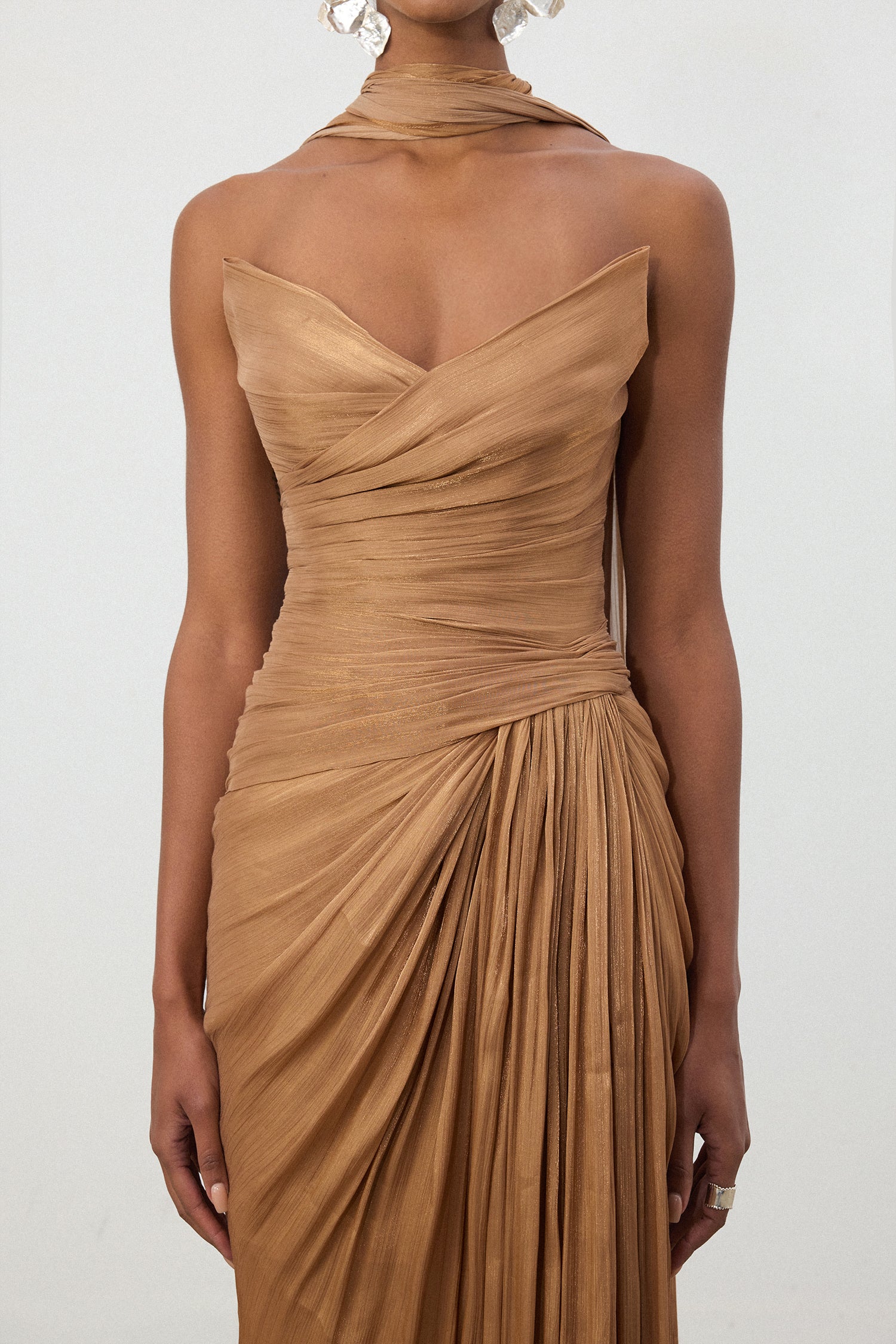 Bronze Ruched One-Shoulder Train Gown	