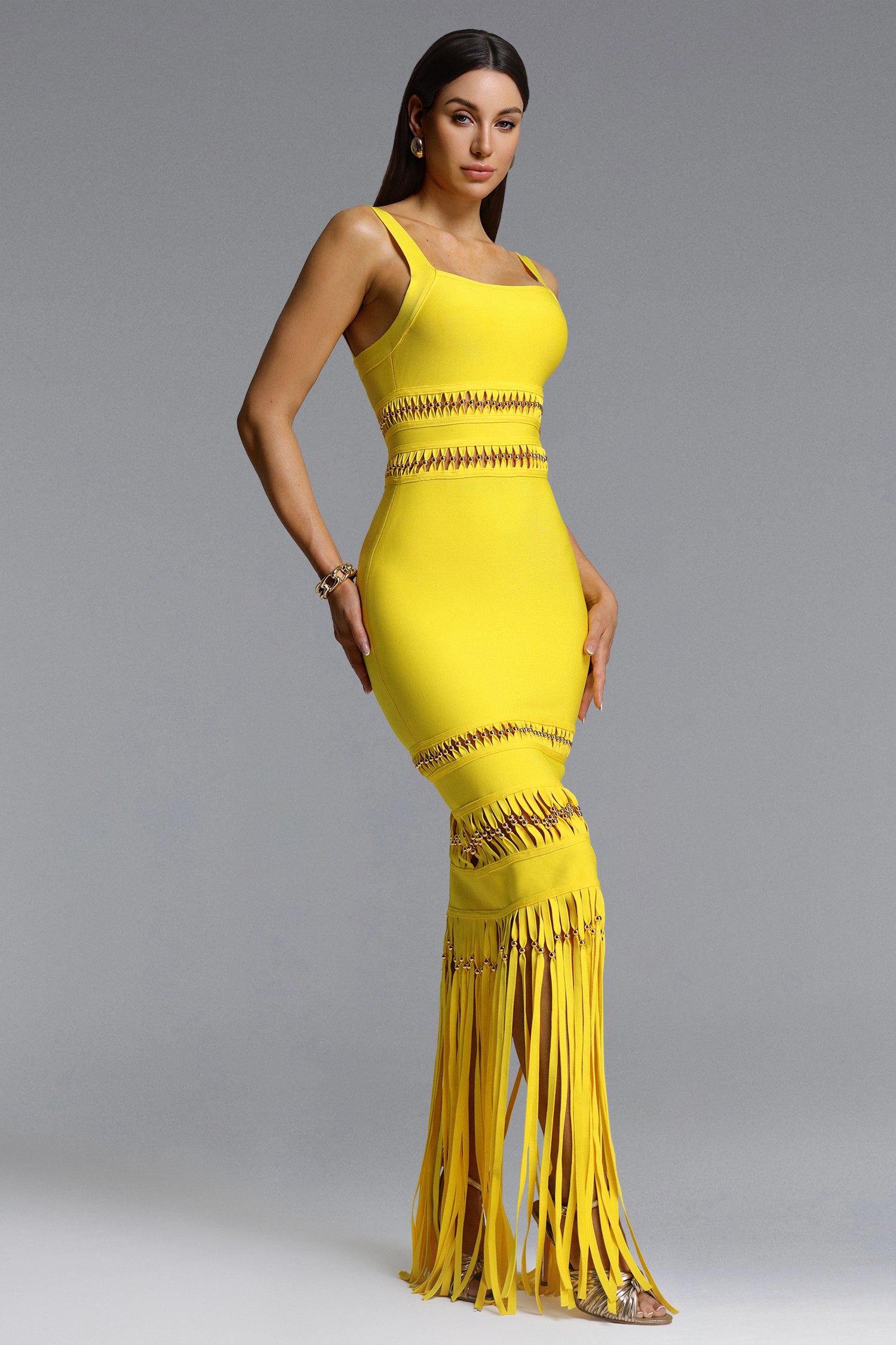 Shanley Chic Contour Sleeveless Beaded Fringe Bandage Maxi Dress