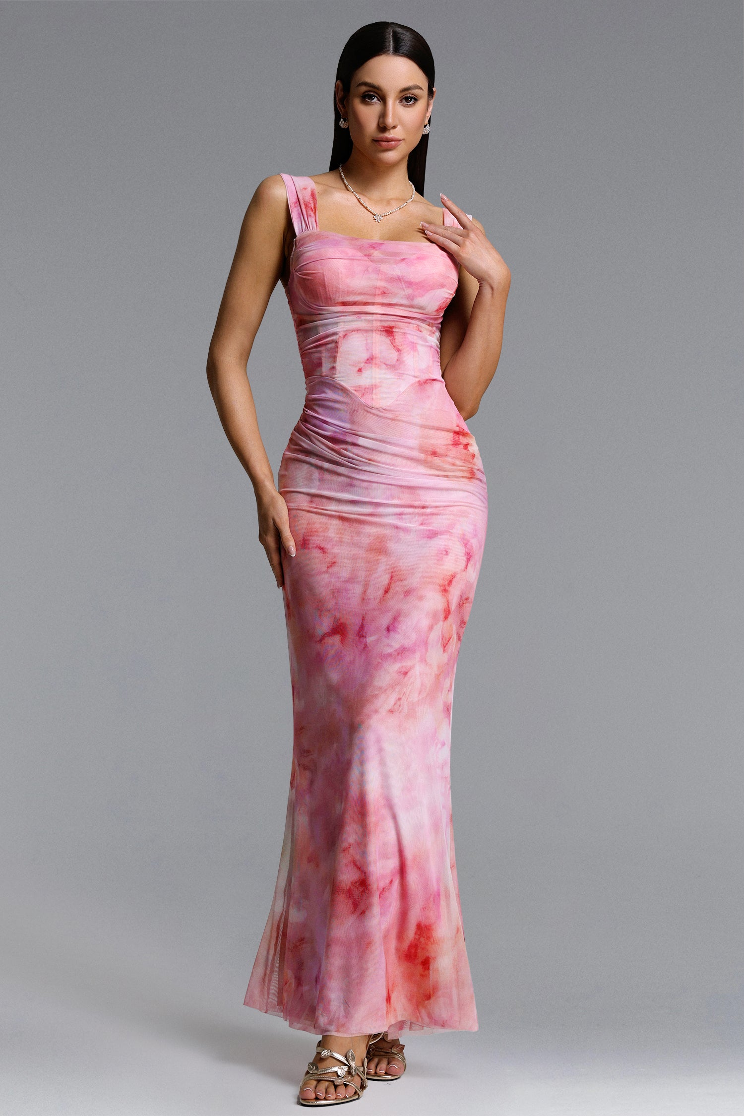 Pinky Romantic Contour Off Shoulder Ruched Print Maxi Dress	