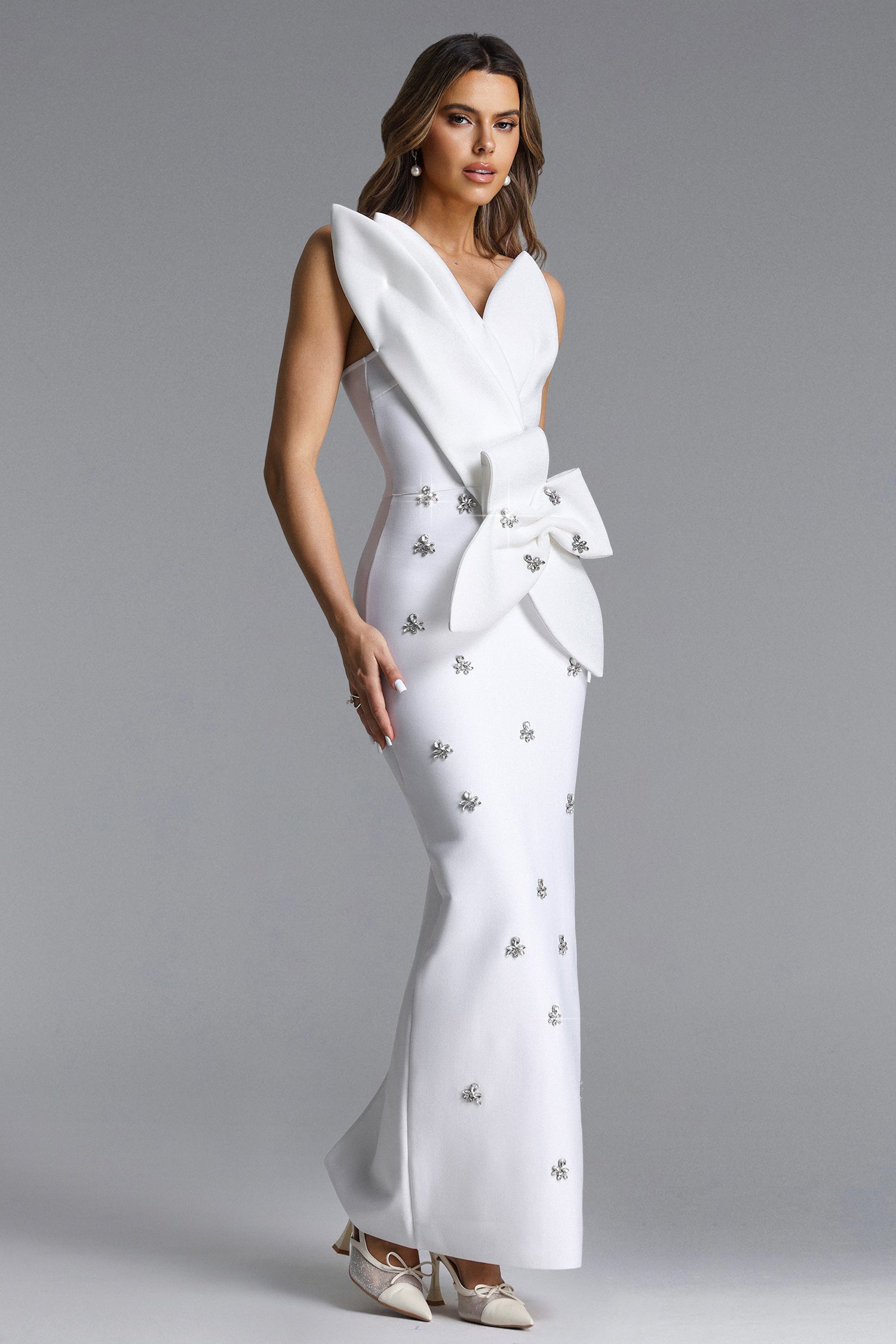 Ohney Chic Contour Strapless Asymmetric Rhinestone Maxi Dress	