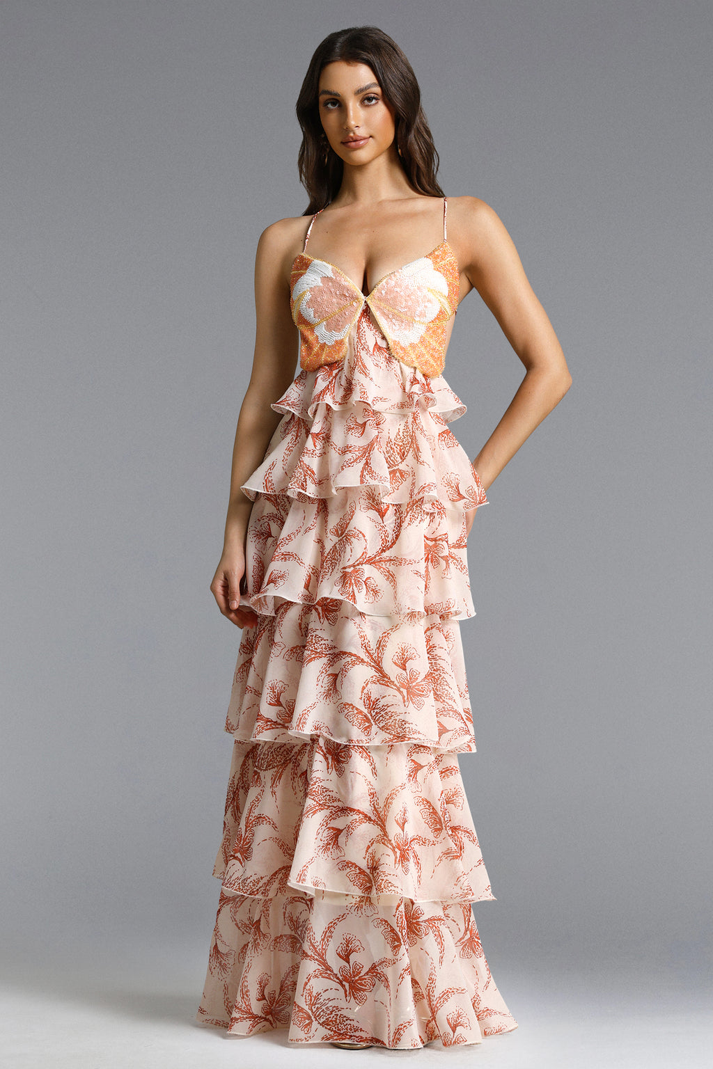 Valerie Romantic Flowy Halter Ruffle Sequin Print Maxi Dress	
