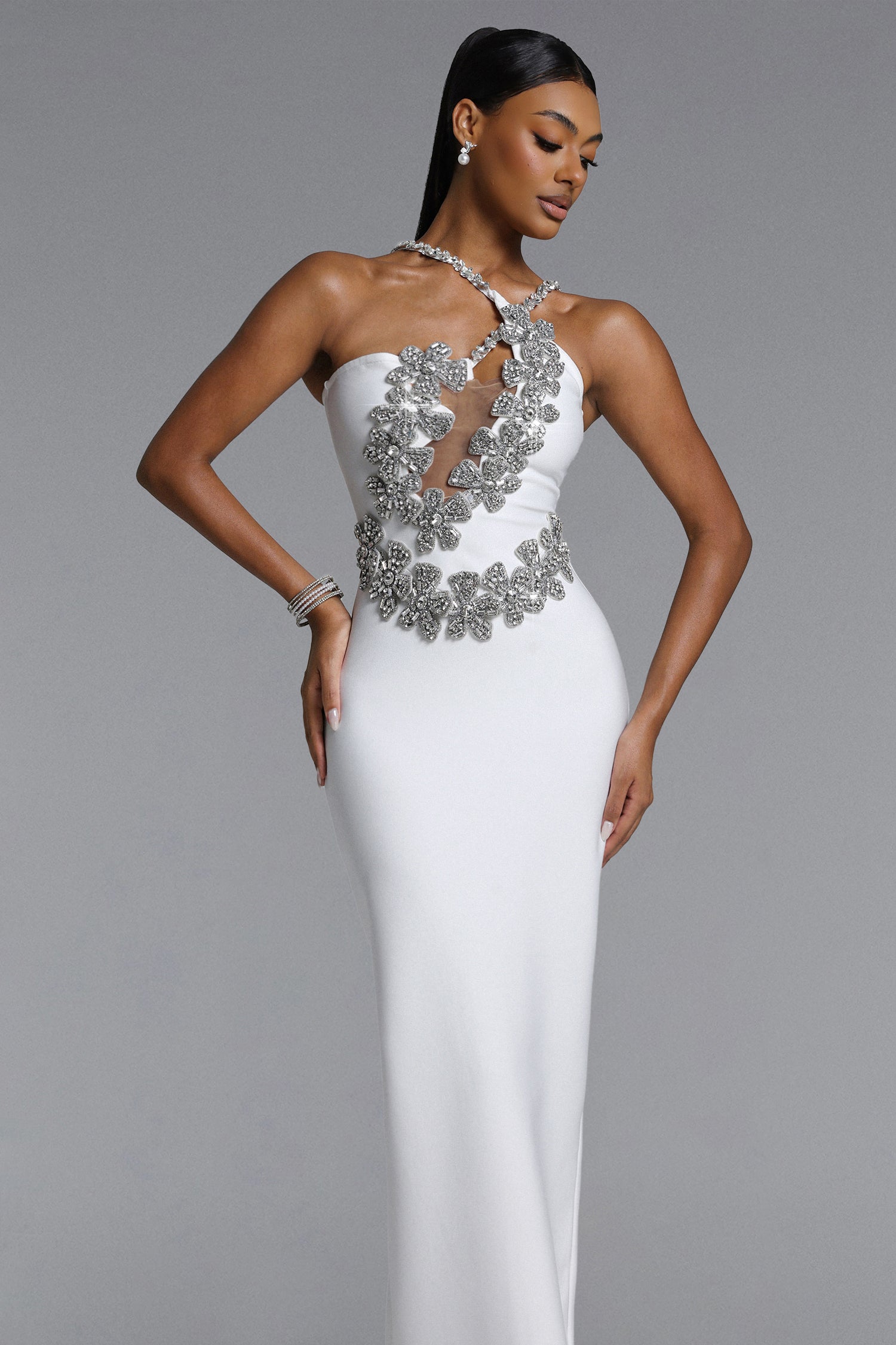 Veronic Glamorous Contour Halter Cut Out Rhinestone Floral Bandage Maxi Dress	