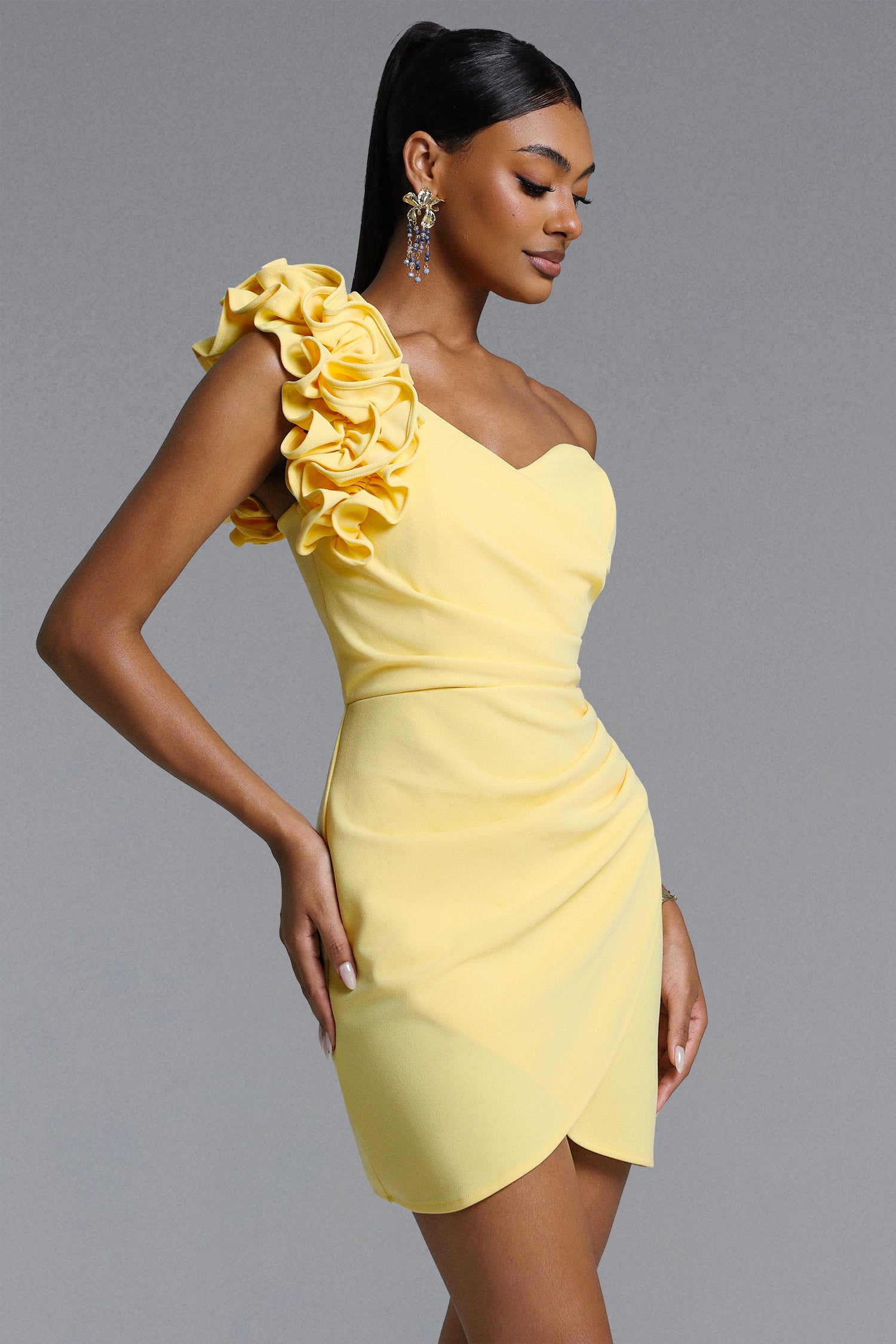 Roanna Elegant Contour One Shoulder Ruched Ruffle Mini Dress