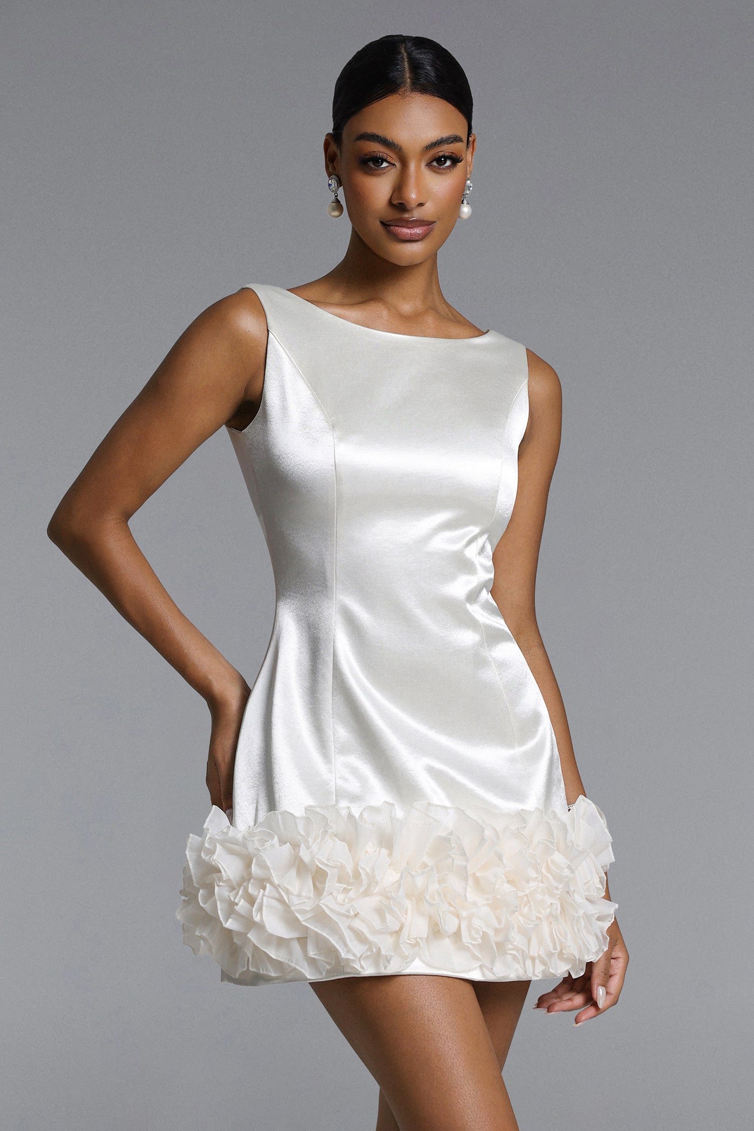 Gracie Classic Tailored Sleeveless Ruffle Satin Mini Dress	