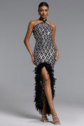 Raola Glamorous Contour Halter Rhinestone Sequin Feather Maxi Dress	