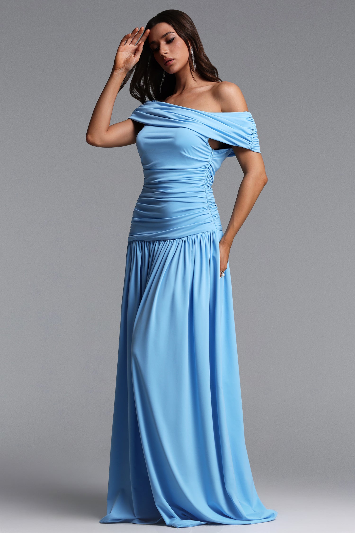 Gamora Elegant Contour One Shoulder Ruched Maxi Dress	