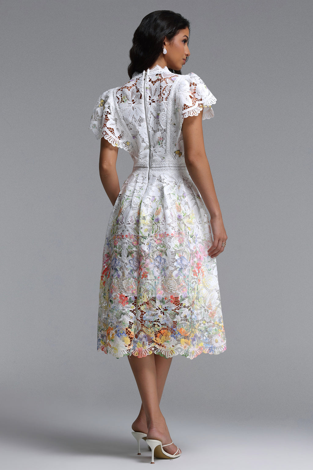 Leanna Resort Flowy Short Sleeve Floral Print Lace Midi Dress	