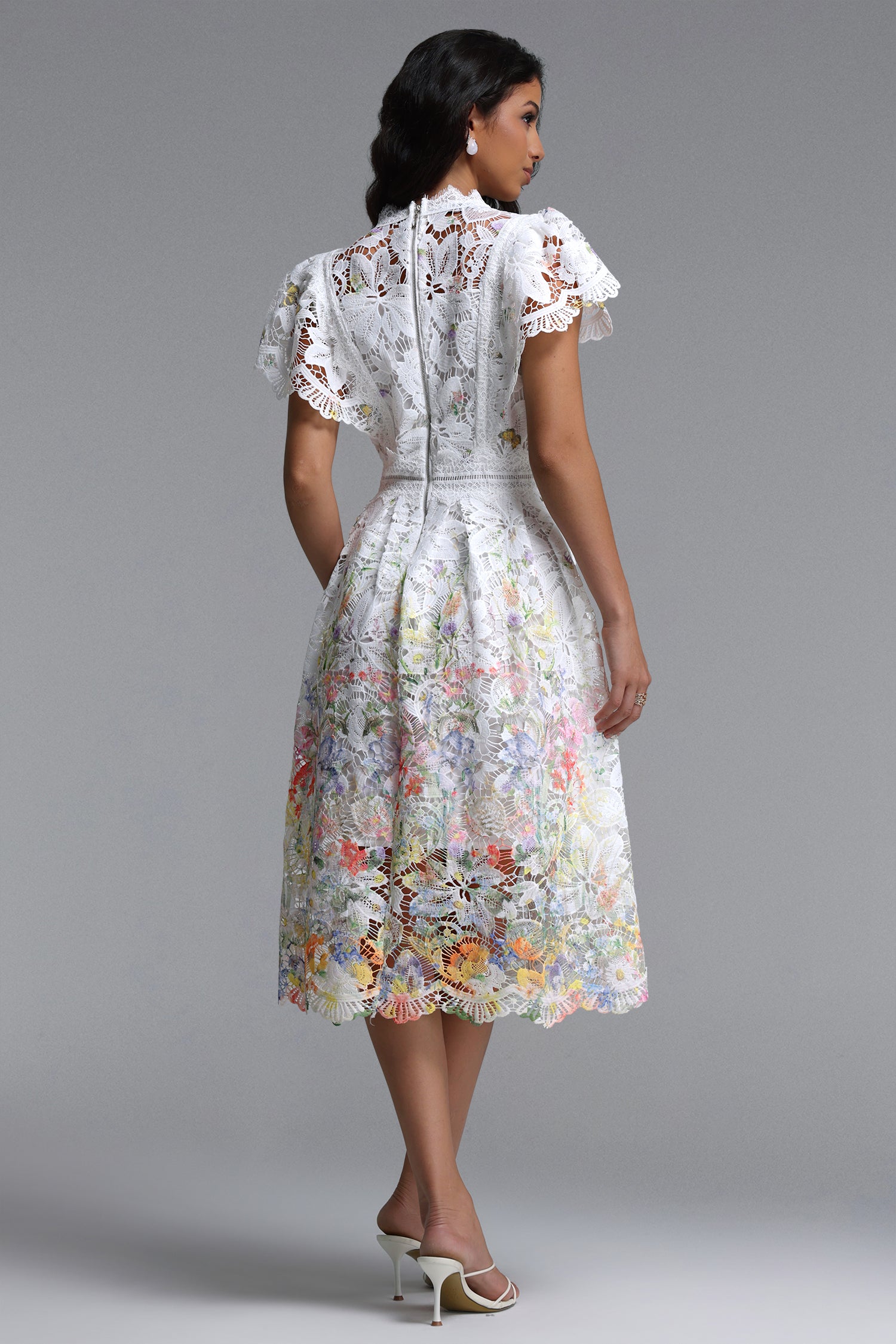 Leanna Resort Flowy Short Sleeve Floral Print Lace Midi Dress	