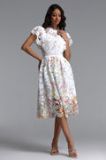 Leanna Resort Flowy Short Sleeve Floral Print Lace Midi Dress	
