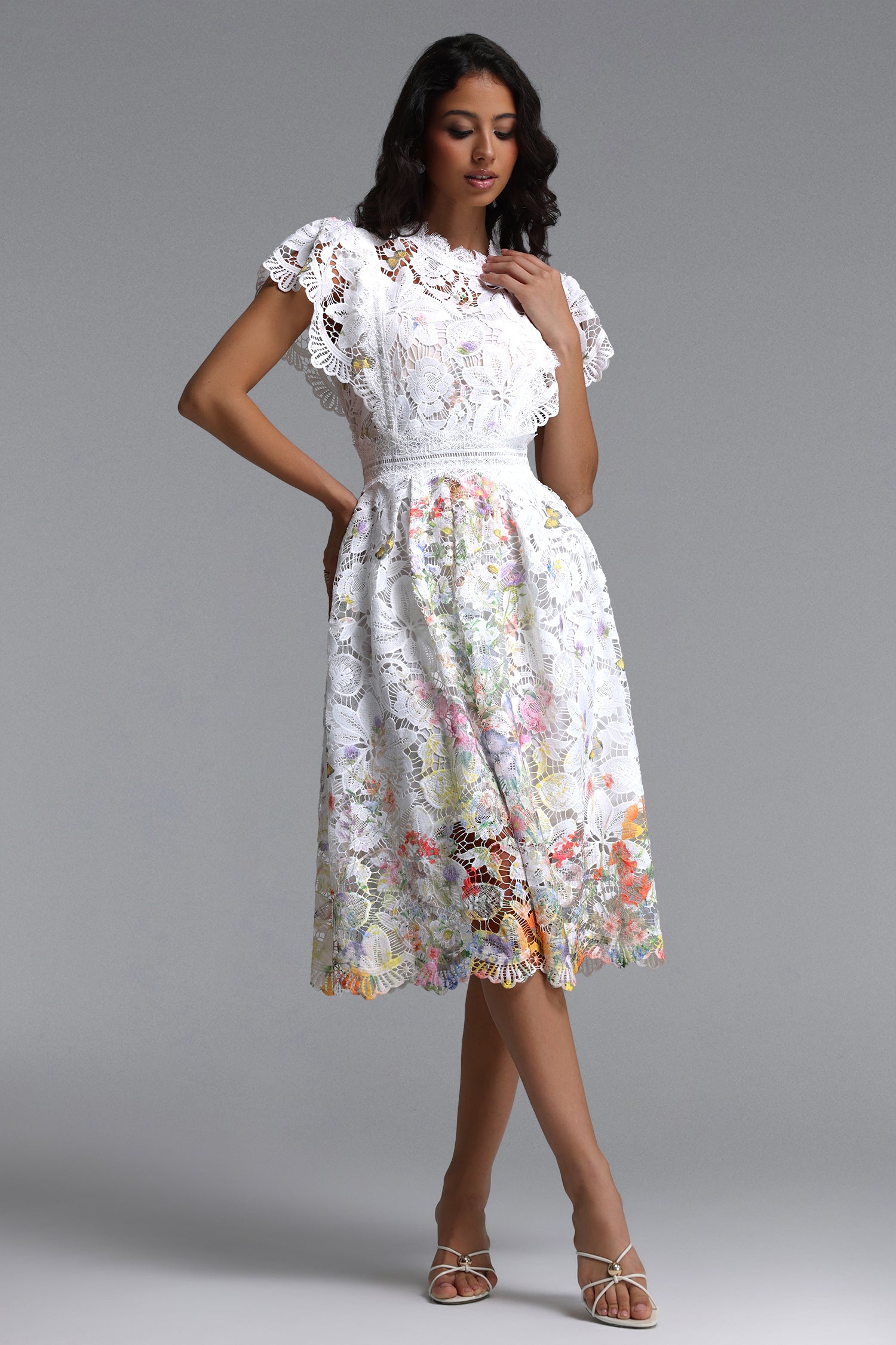 Leanna Resort Flowy Short Sleeve Floral Print Lace Midi Dress	