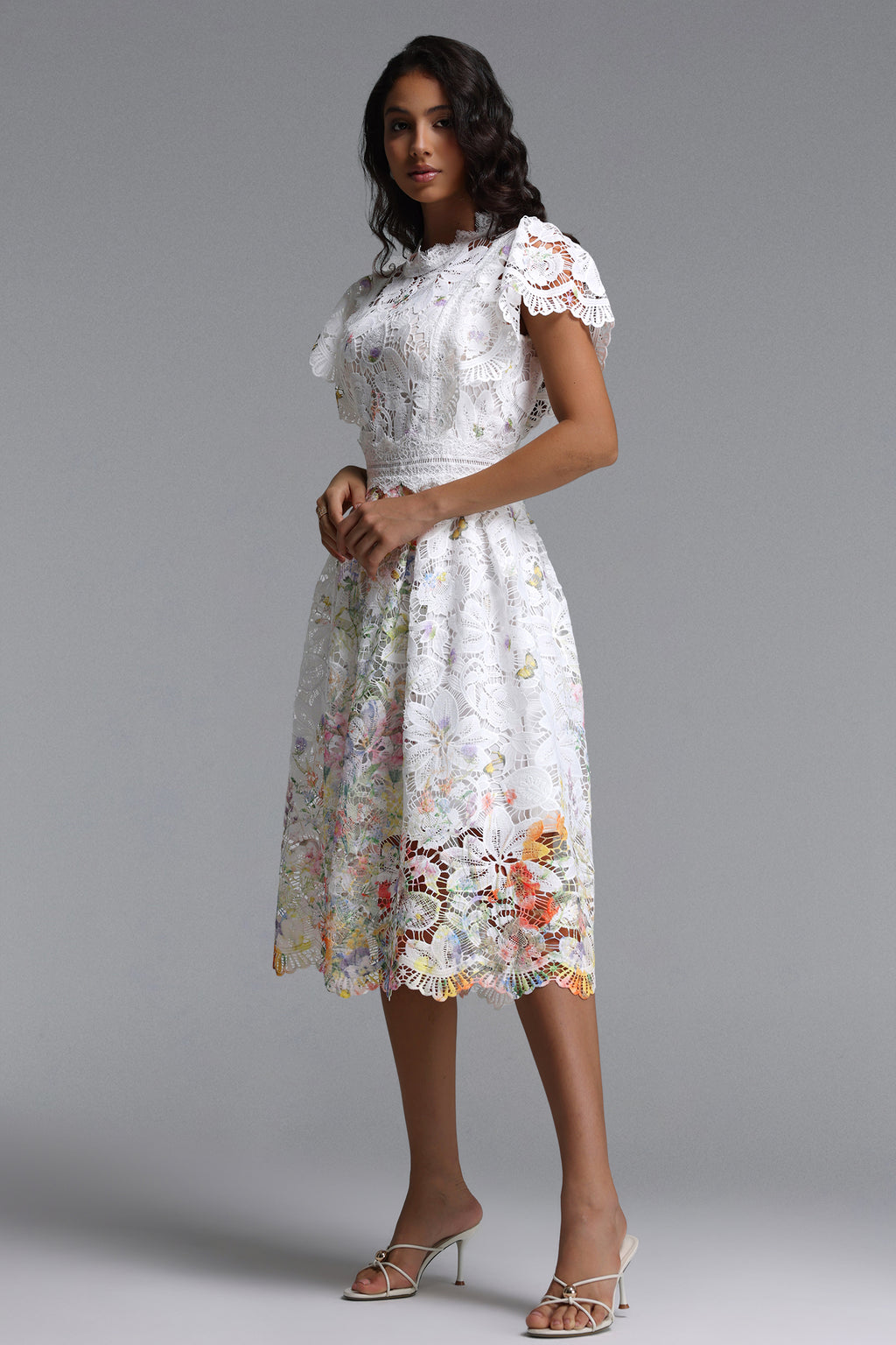 Leanna Resort Flowy Short Sleeve Floral Print Lace Midi Dress	