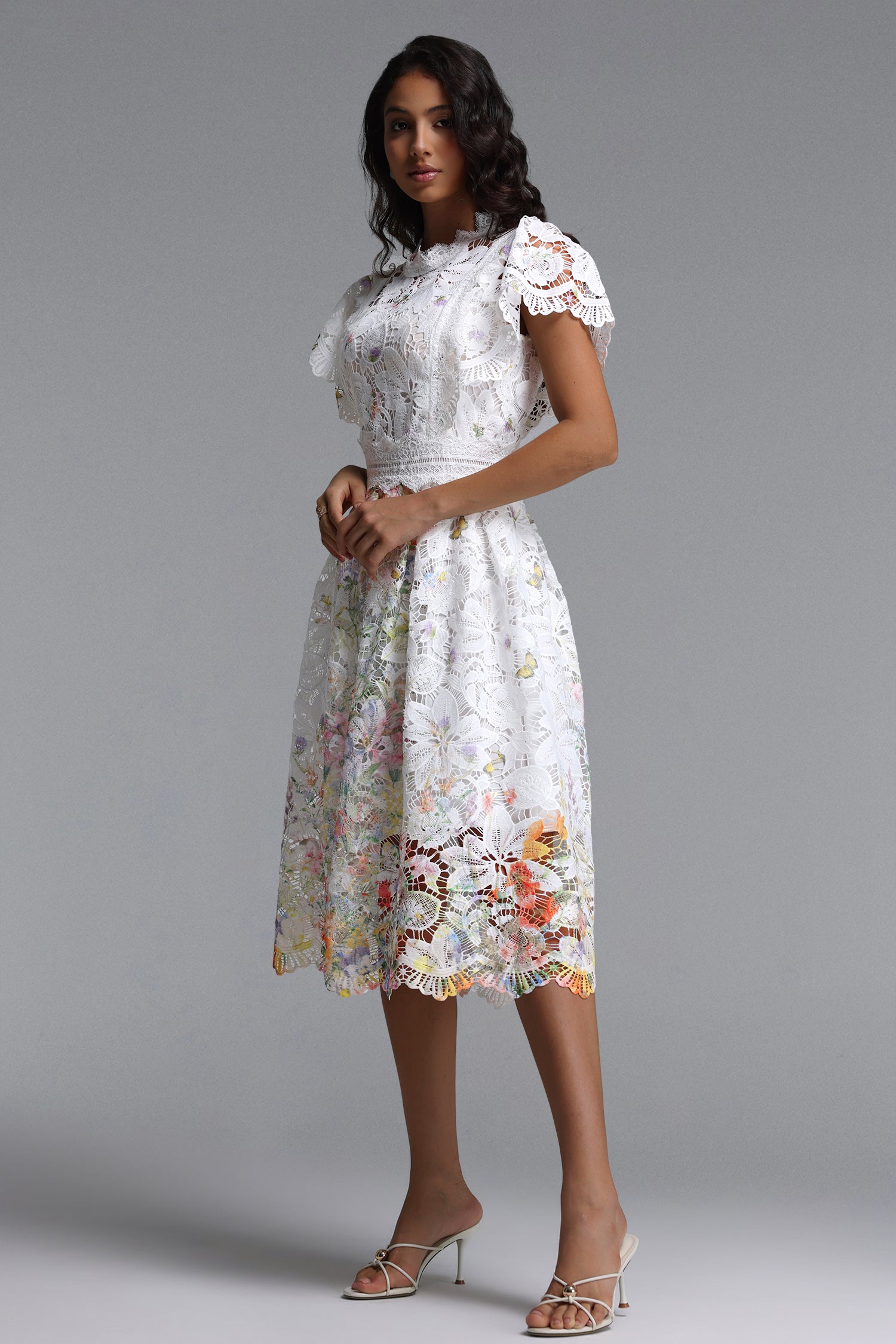 Leanna Resort Flowy Short Sleeve Floral Print Lace Midi Dress	
