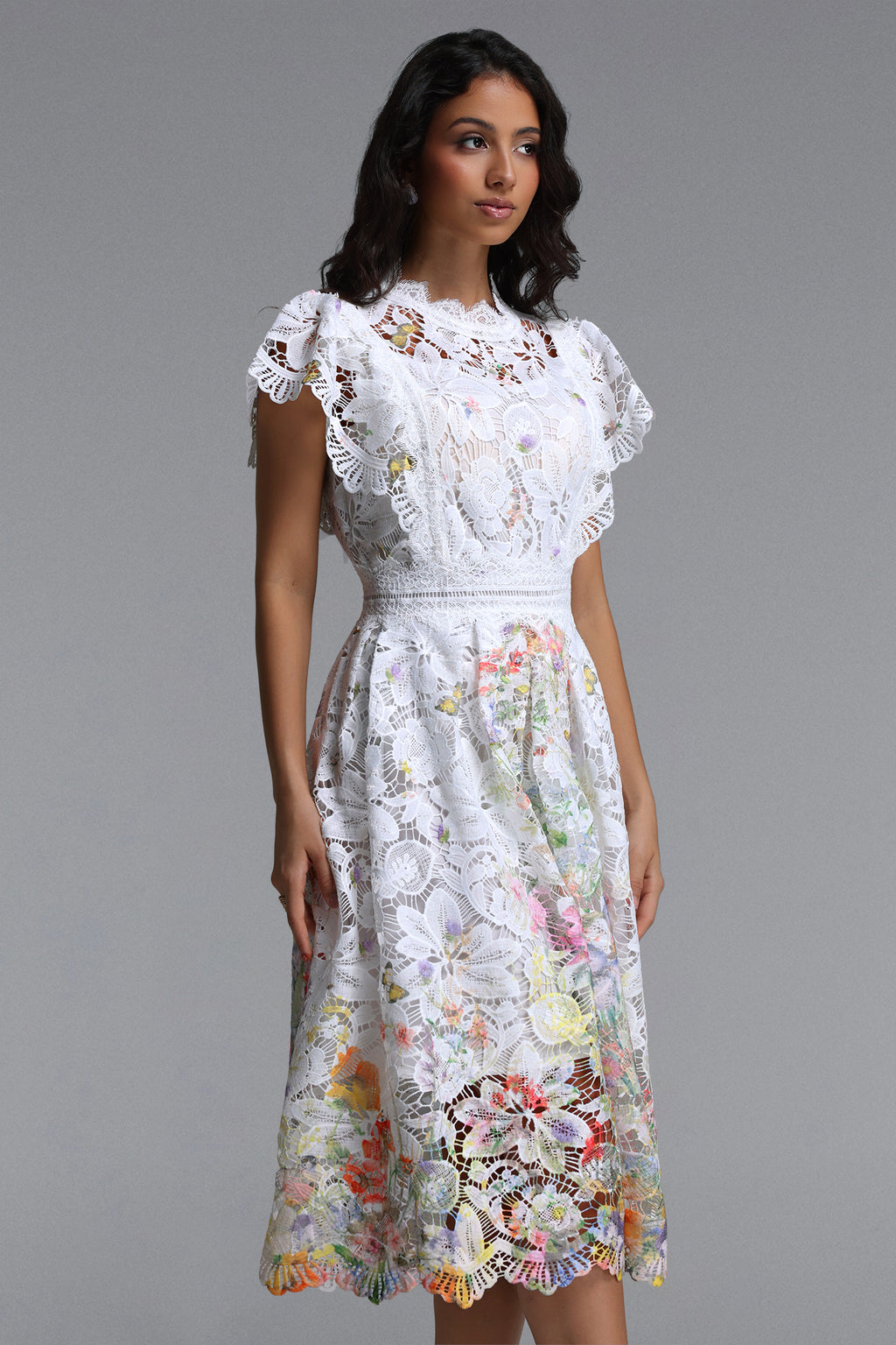Leanna Resort Flowy Short Sleeve Floral Print Lace Midi Dress	
