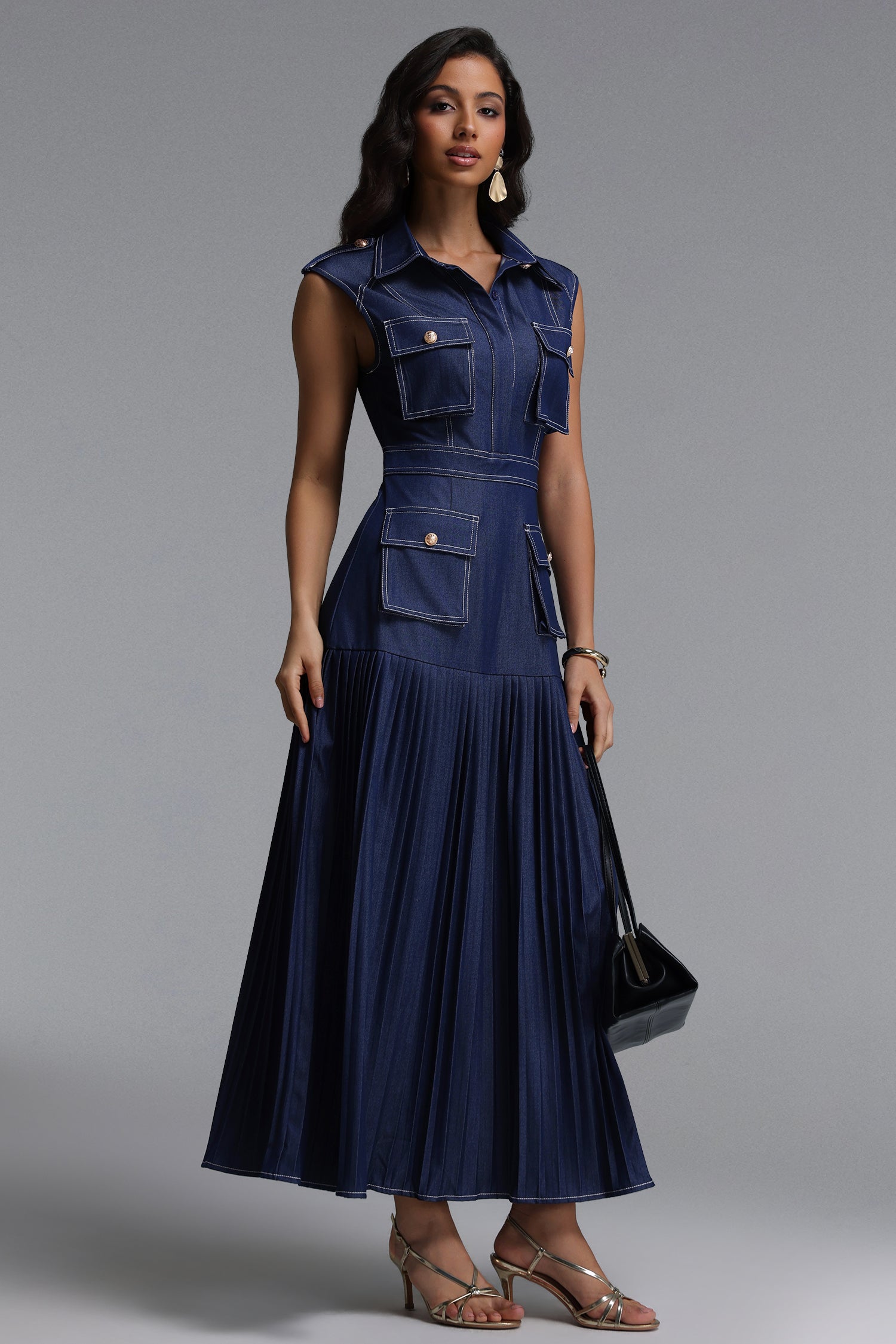 Jouy Elegant Tailored Sleeveless Pleated Maxi Dress	