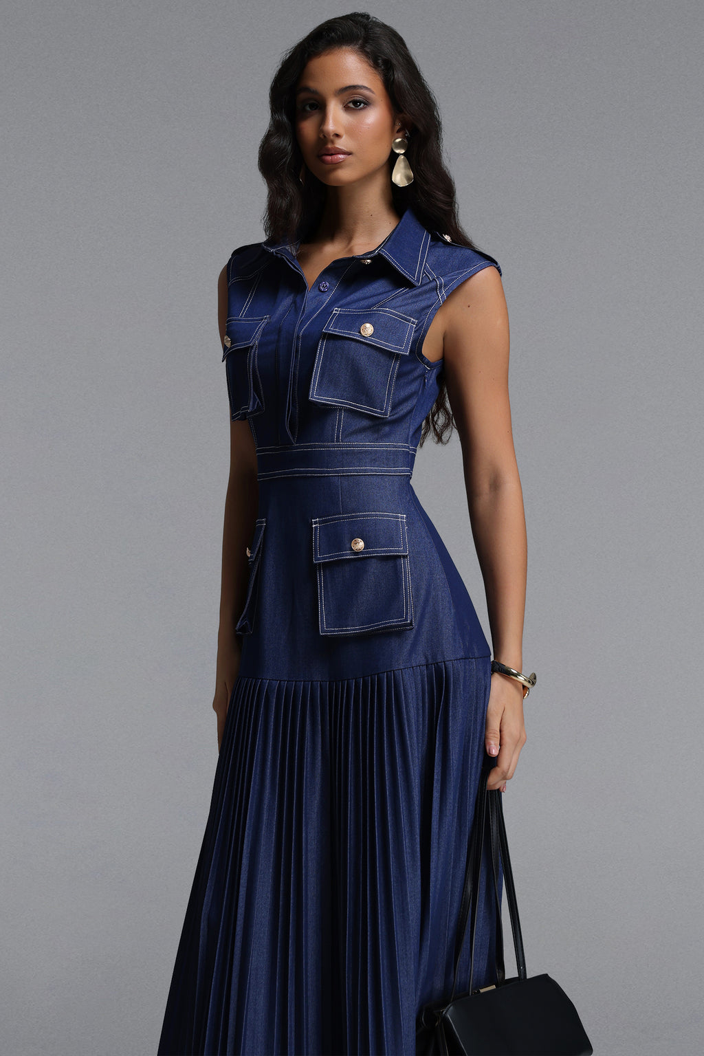 Jouy Elegant Tailored Sleeveless Pleated Maxi Dress	