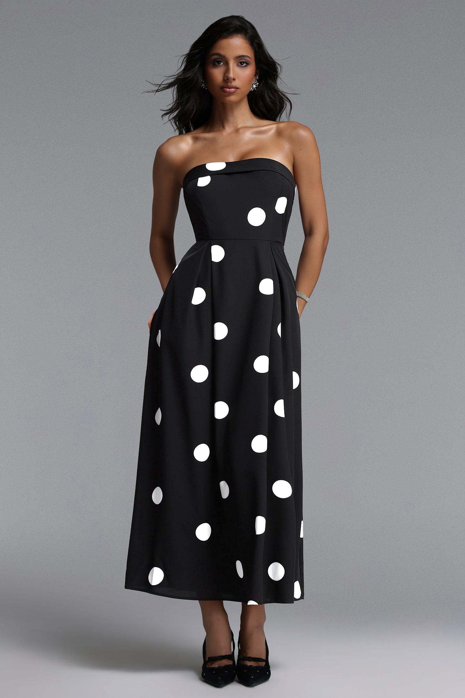 Marley Elegant Tailored Sleeveless Polka Dot Woven Maxi Dress	