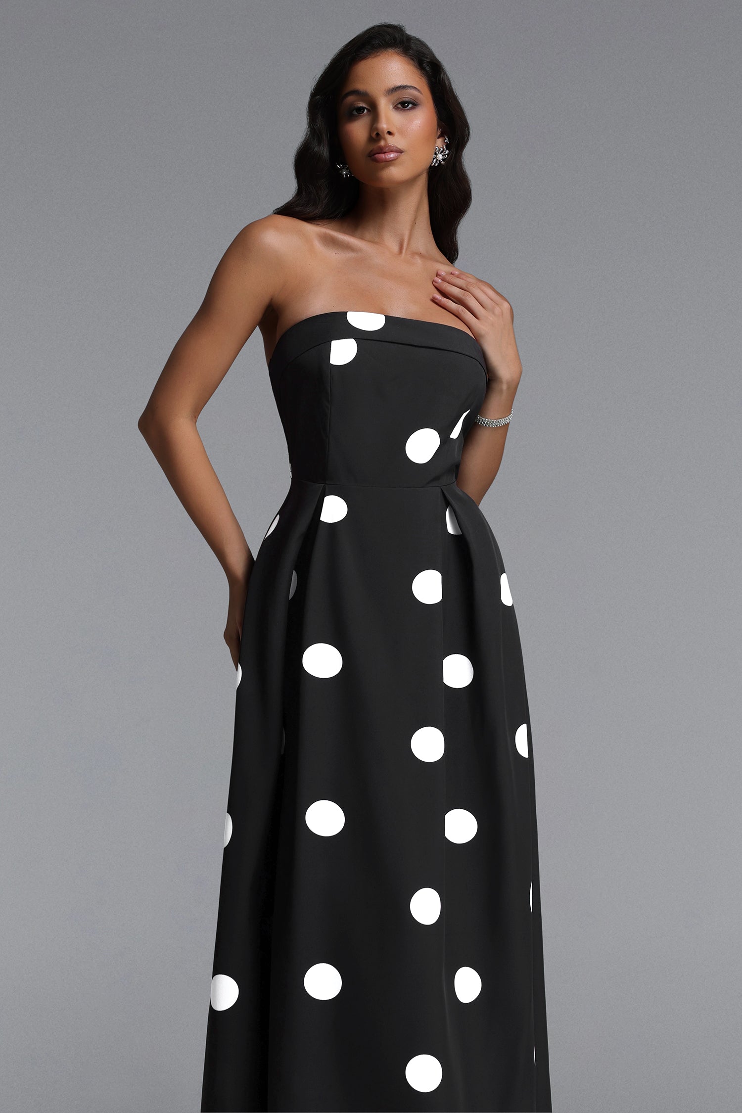 Marley Elegant Tailored Sleeveless Polka Dot Woven Maxi Dress	