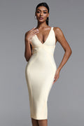 Serren Classic Contour V Neck Curve Bandage Midi Dress	