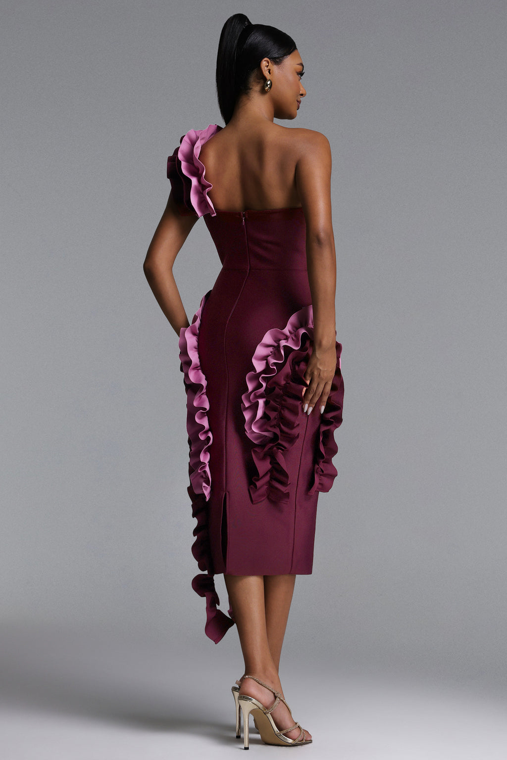 Gaia Chic Contour Strapless Ruffle Bandage Maxi Dress	