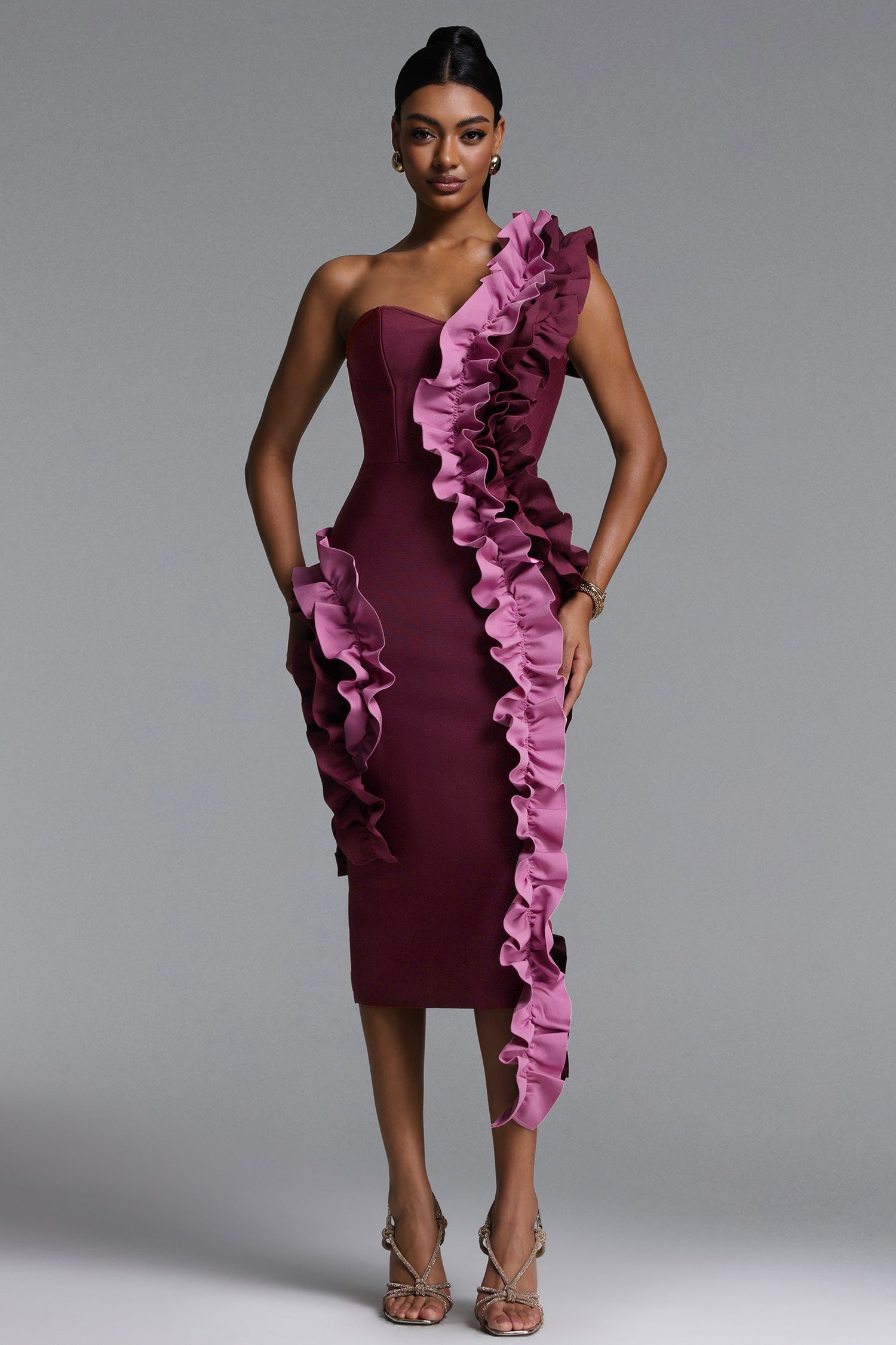 Gaia Chic Contour Strapless Ruffle Bandage Maxi Dress	