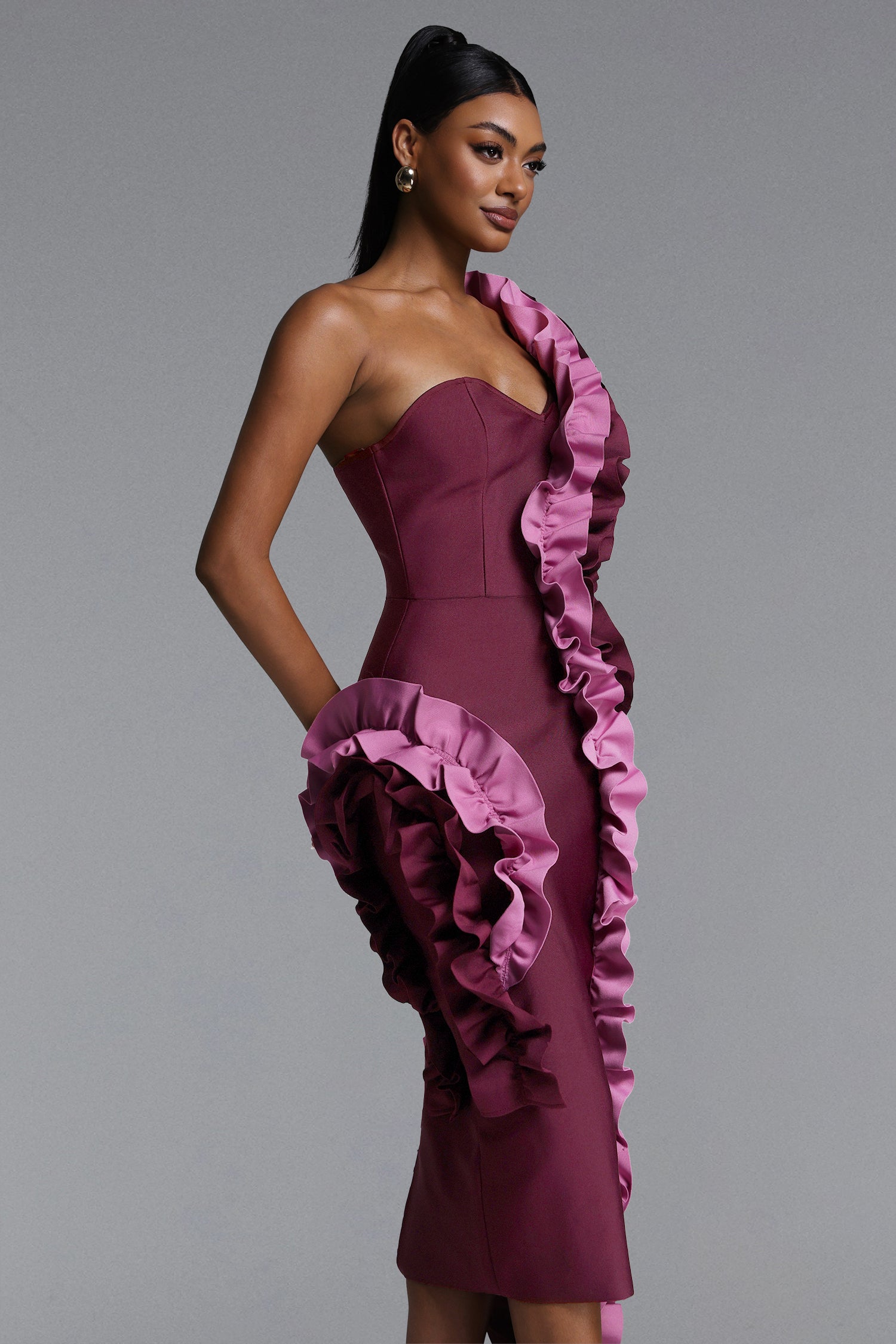 Gaia Chic Contour Strapless Ruffle Bandage Maxi Dress	