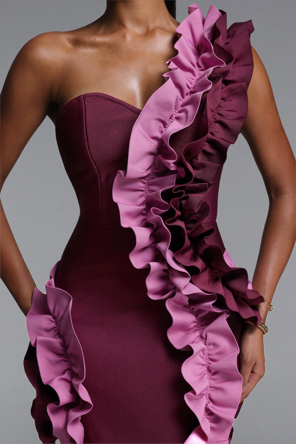 Gaia Chic Contour Strapless Ruffle Bandage Maxi Dress	