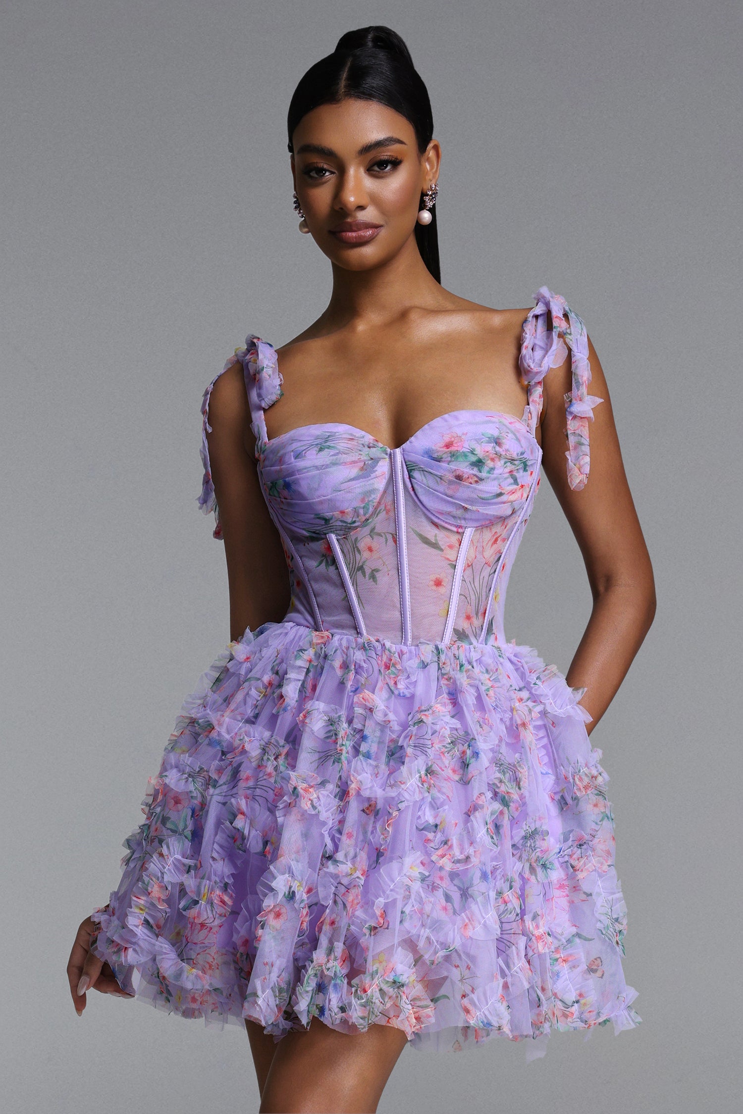 Mitra Romantic Tailored Floral Print Corset Mini Dress	