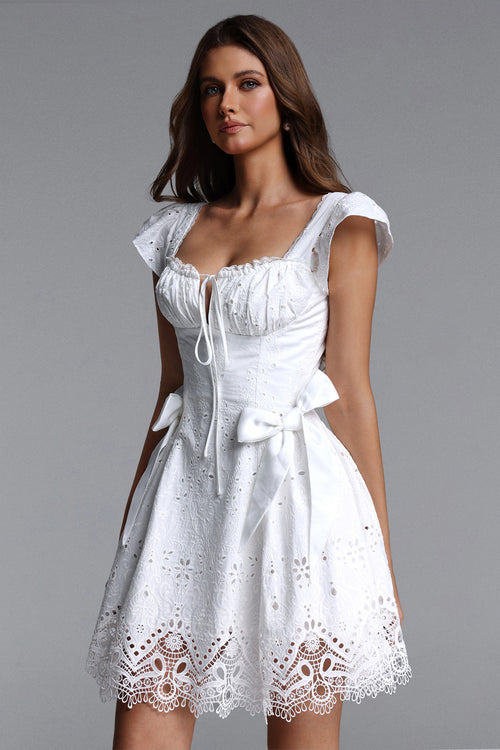 Henrietta Resort Flowy Short Sleeve Bow Ruched Woven Mini Dress	
