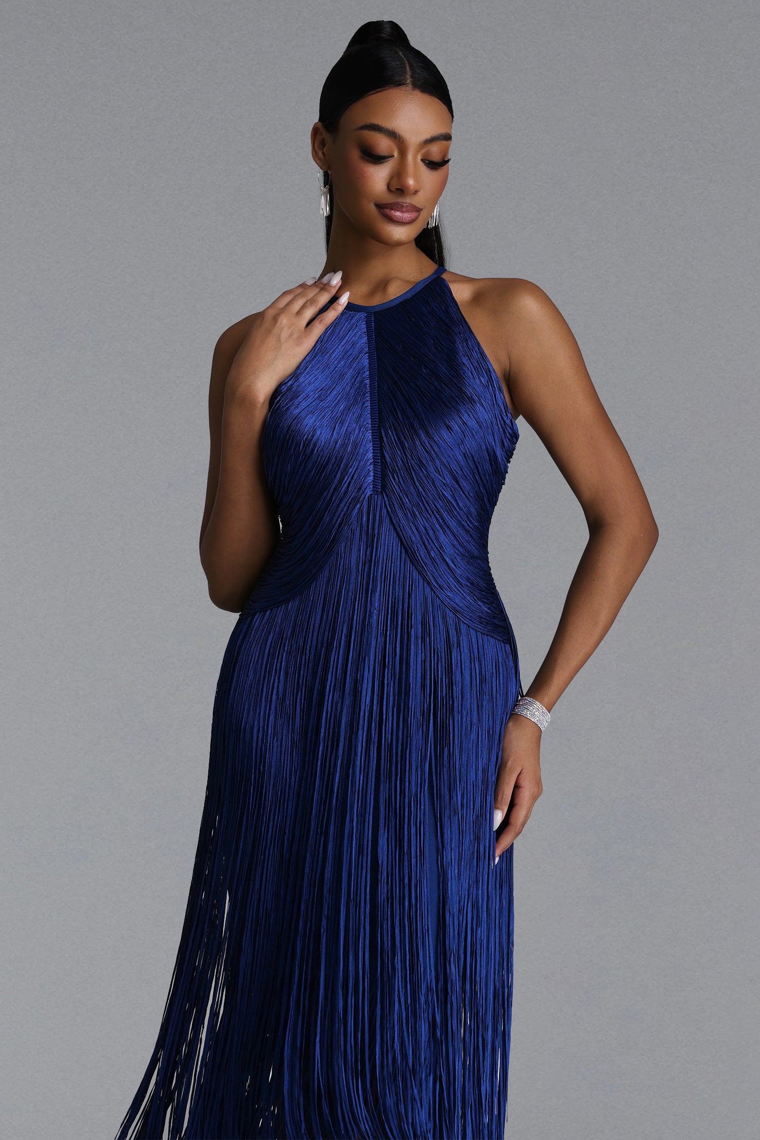 Sahara Chic Contour Halter Fringe Bandage Maxi Dress	