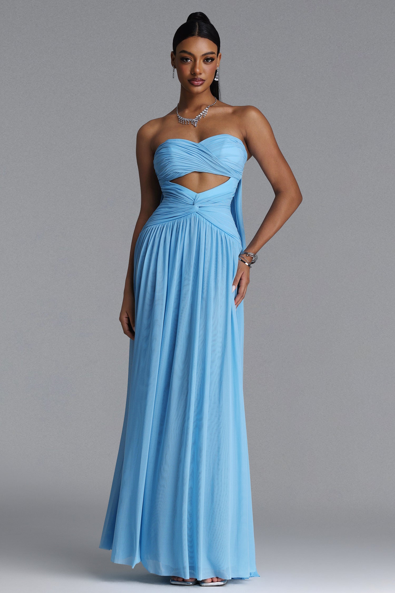 Prunella Elegant Contour Strapless Cut Out Ruched Mesh Maxi Dress	