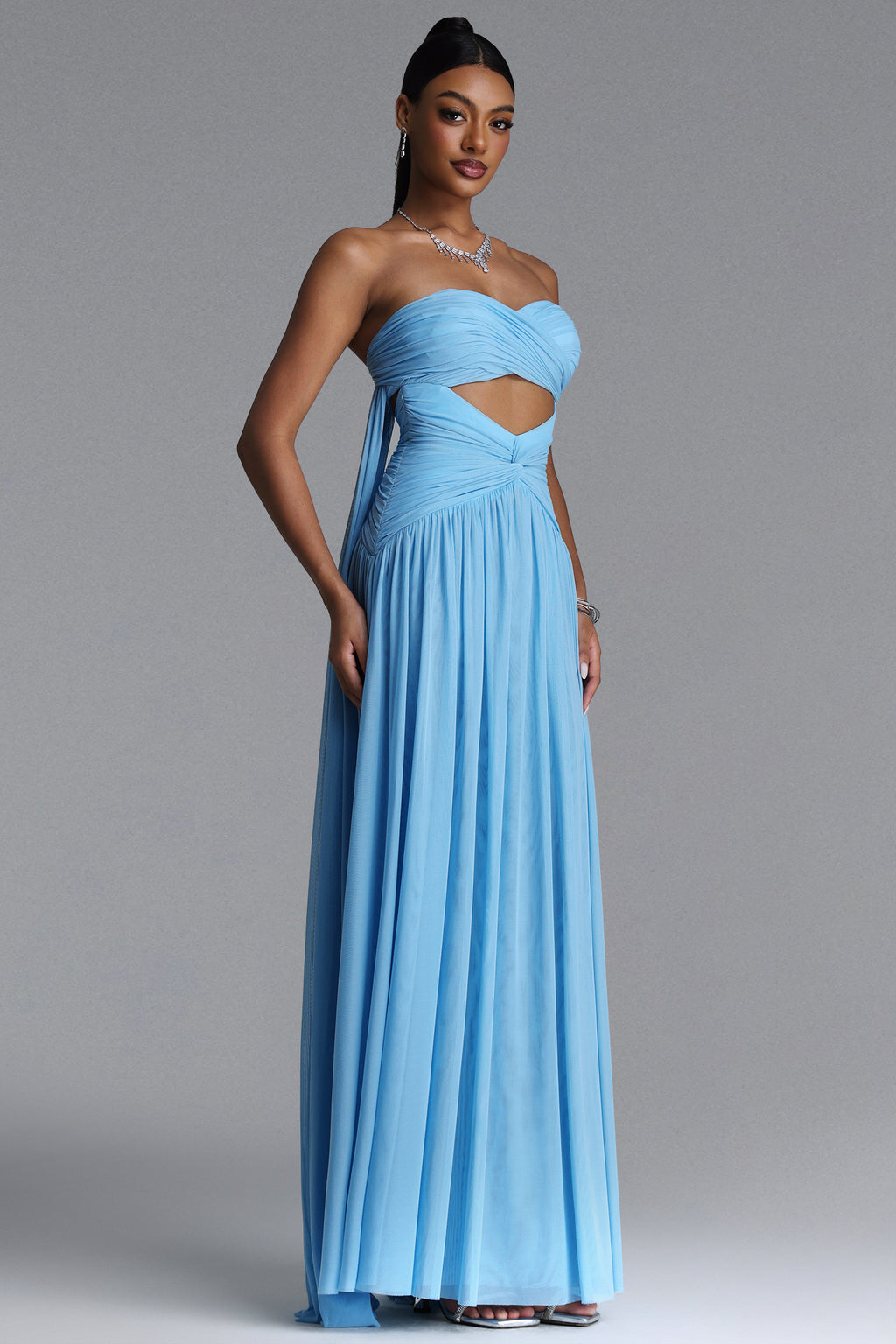 Prunella Elegant Contour Strapless Cut Out Ruched Mesh Maxi Dress	