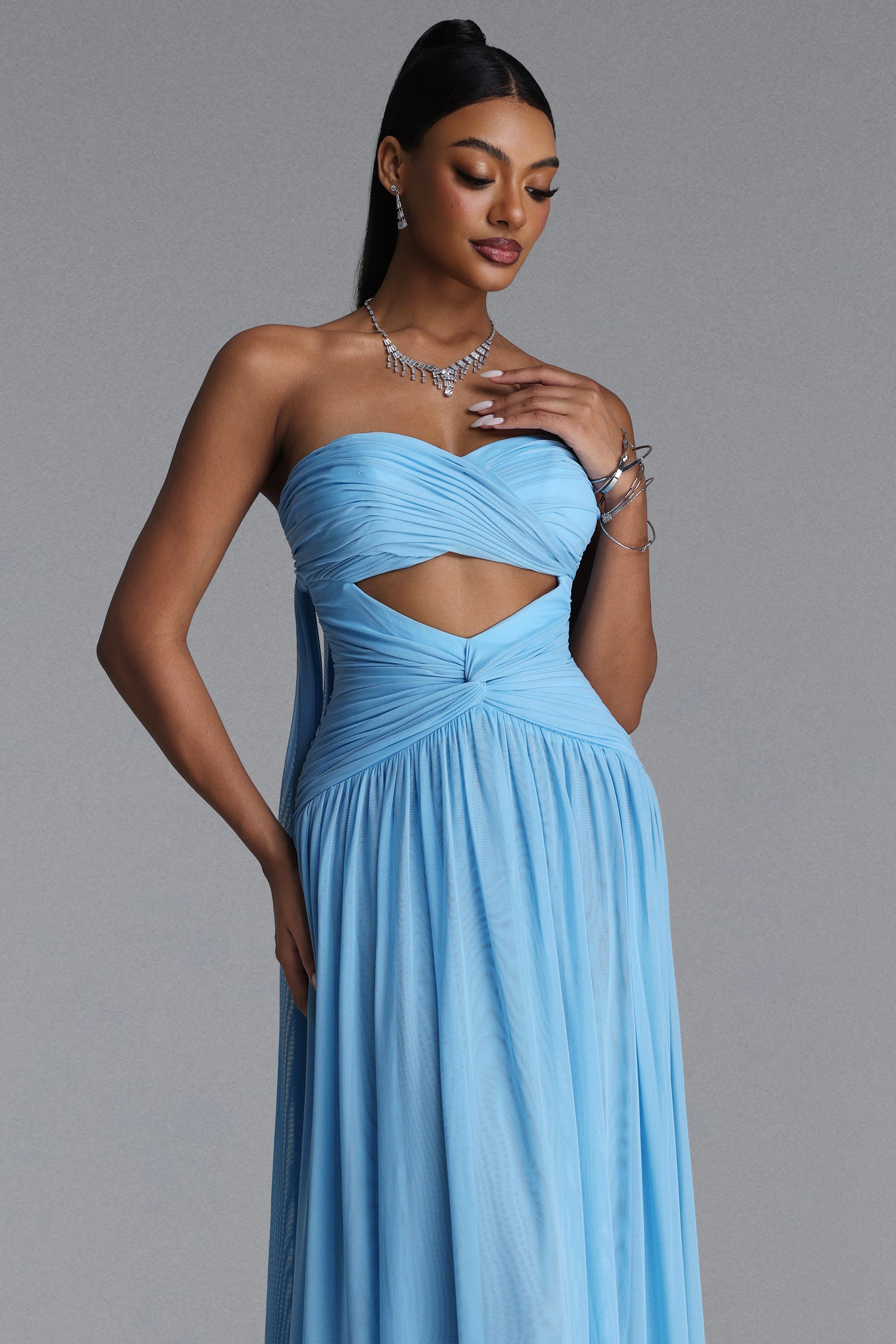 Prunella Elegant Contour Strapless Cut Out Ruched Mesh Maxi Dress	