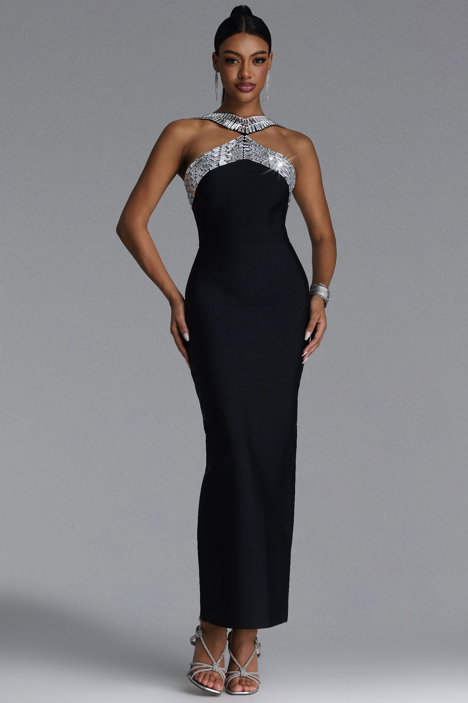 Riza Chic Contour Halter Rhinestone Bandage Maxi Dress	