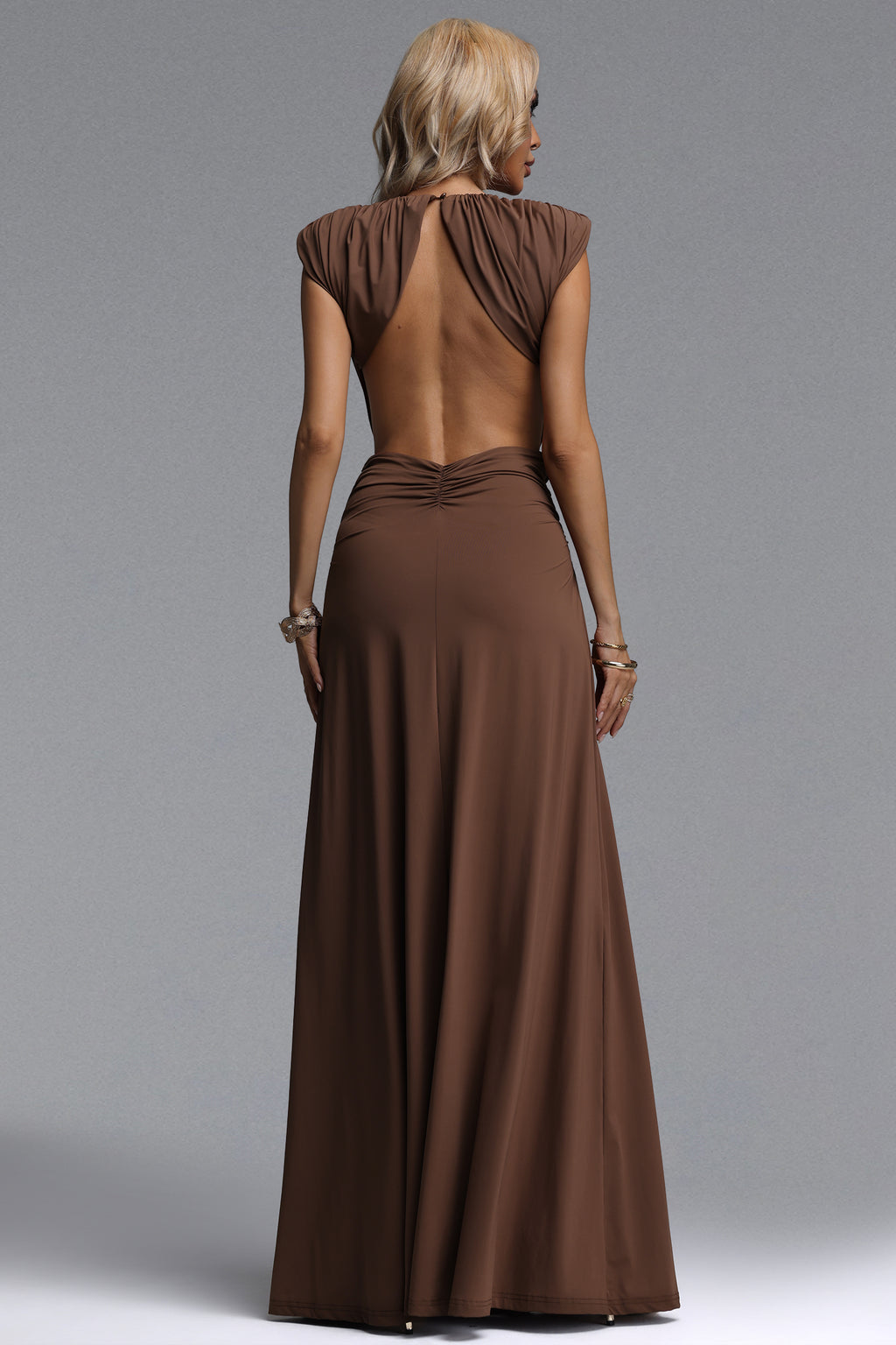 Rosi Chic Contour Sleeveless V Neck Ruched Maxi Dress	
