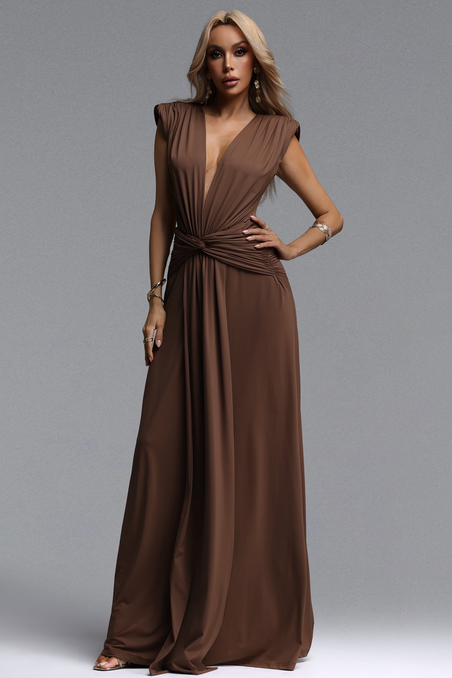 Rosi Chic Contour Sleeveless V Neck Ruched Maxi Dress	
