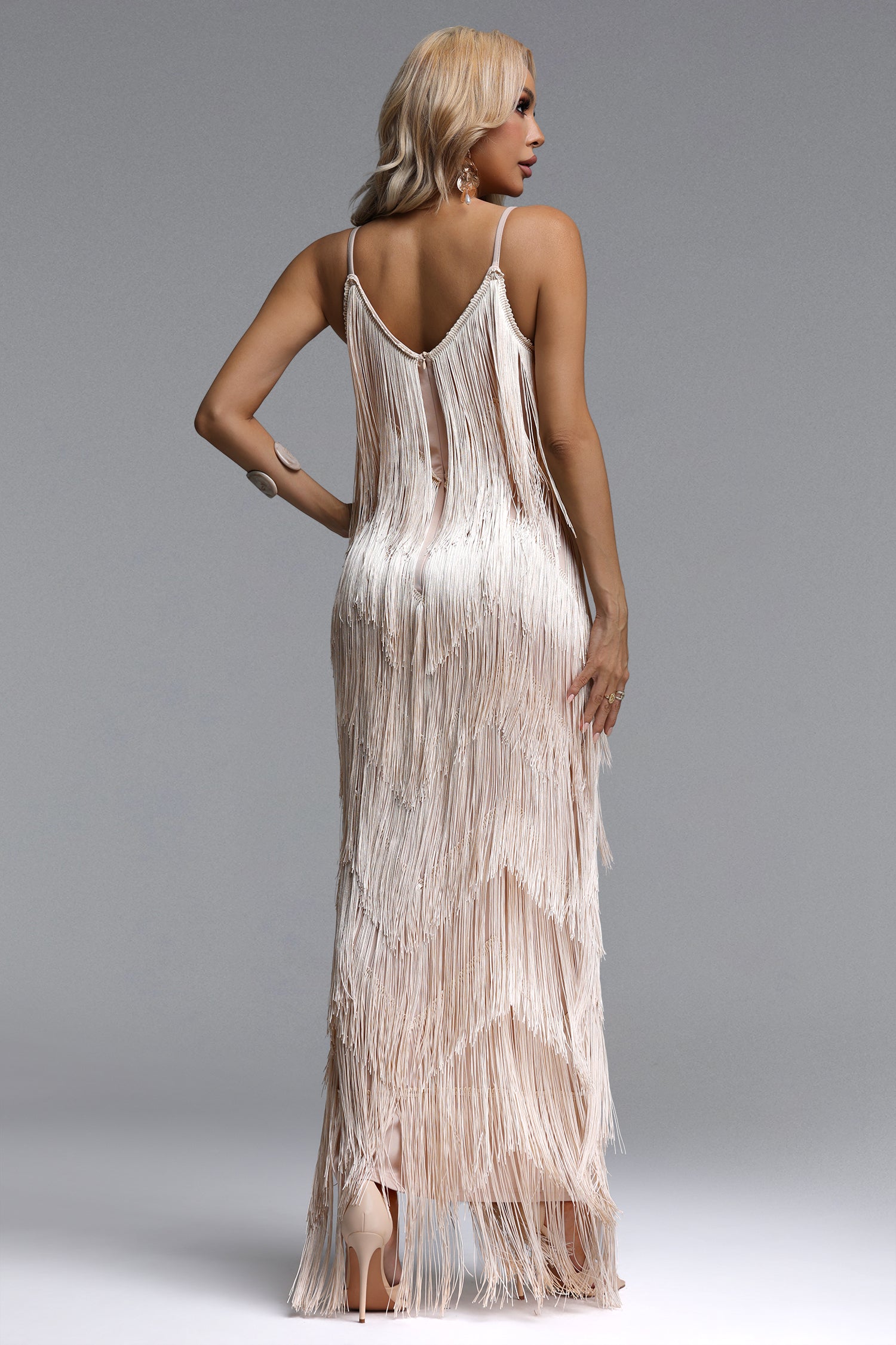 Alex Classic Contour V Neck Layered Fringe Bandage Maxi Dress	