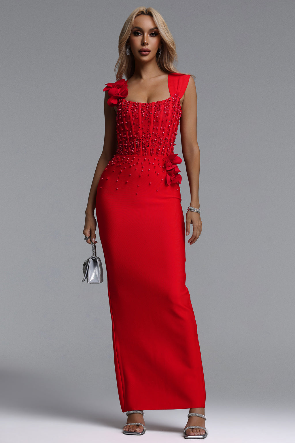 Oria Glamorous Contour Square Neck Pearl Floral Bandage Maxi Dres	