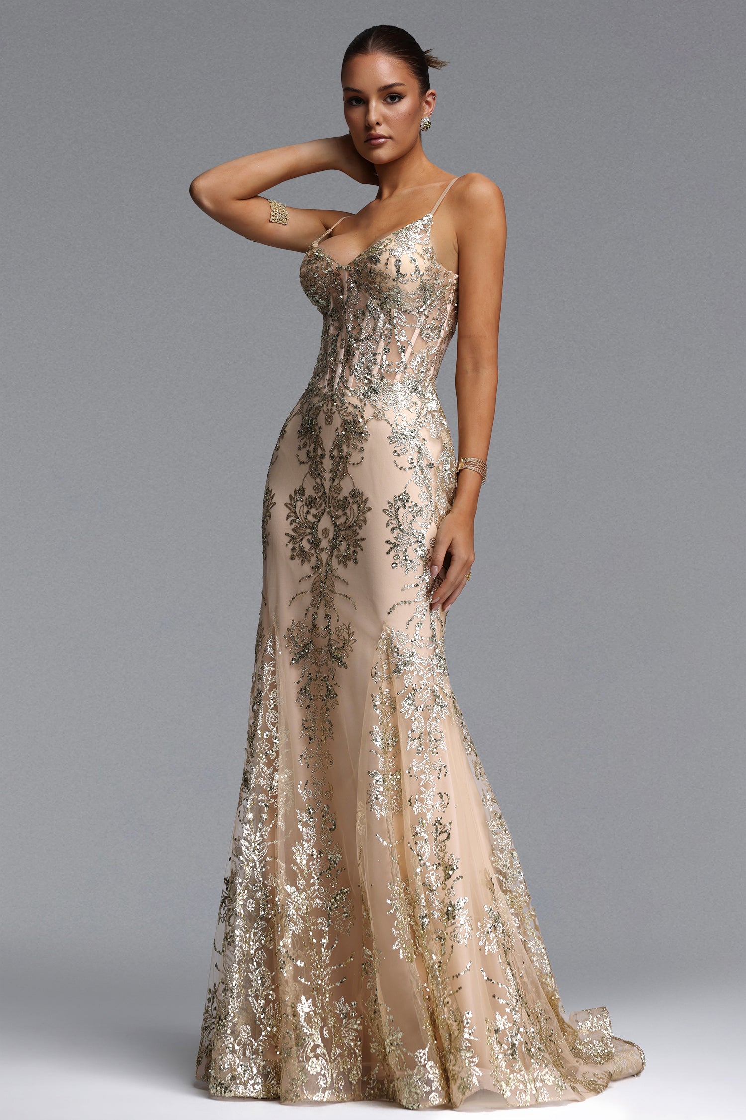 Miriam Elegant Contour V Neck Sequin Maxi Dress	